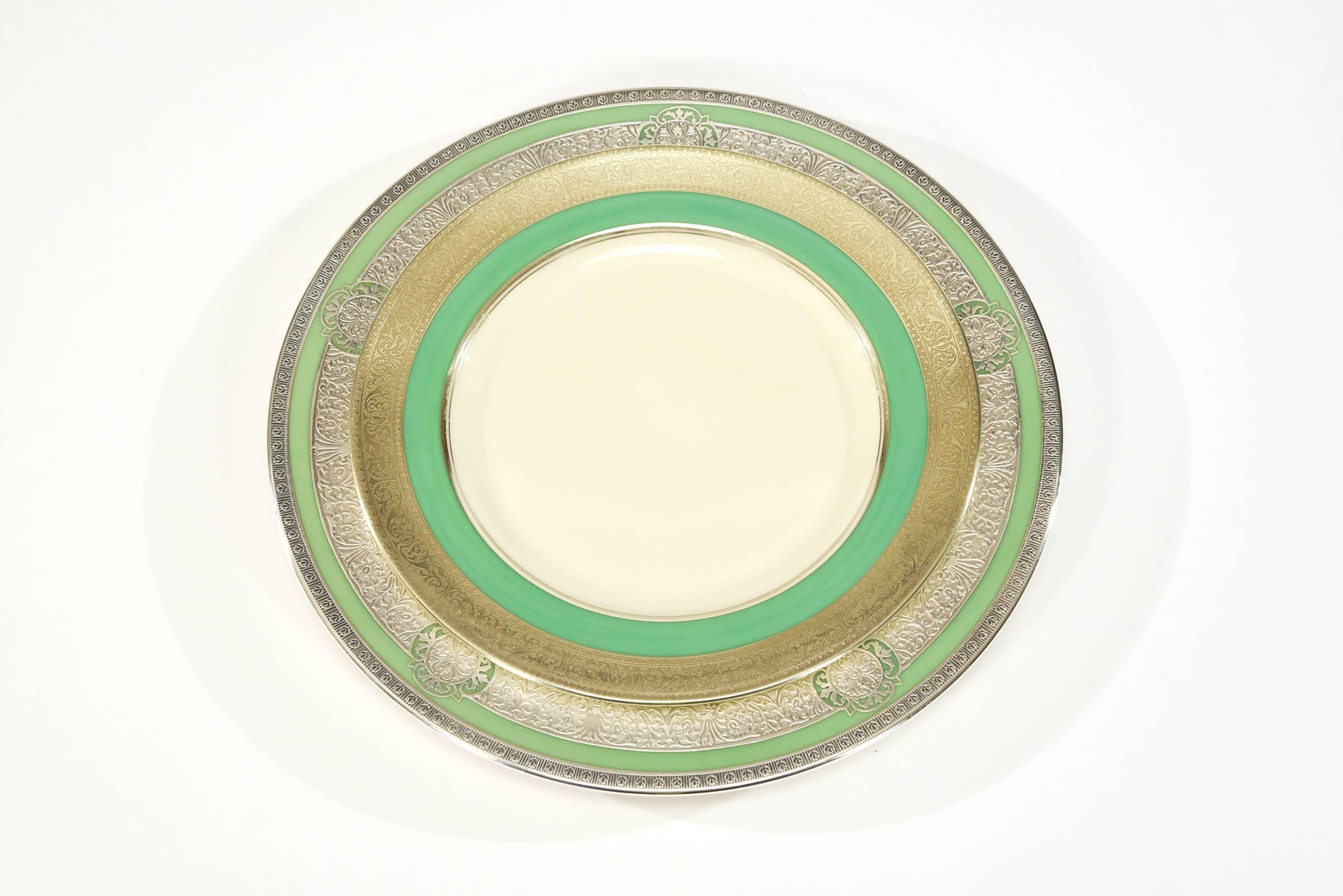 Arts and Crafts Set of 12 Lenox Green & Ivory Dessert Plates with Silver Overlay Borders, 1920s