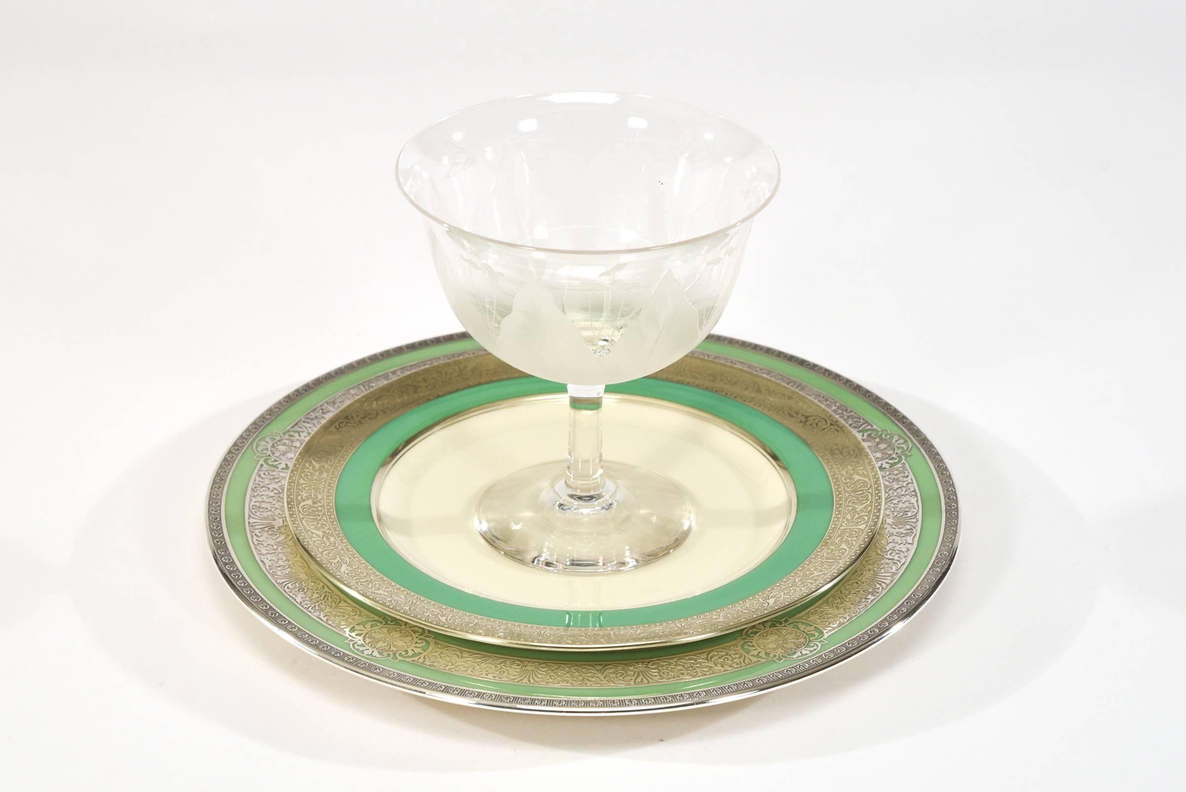 American Set of 12 Lenox Green & Ivory Dessert Plates with Silver Overlay Borders, 1920s