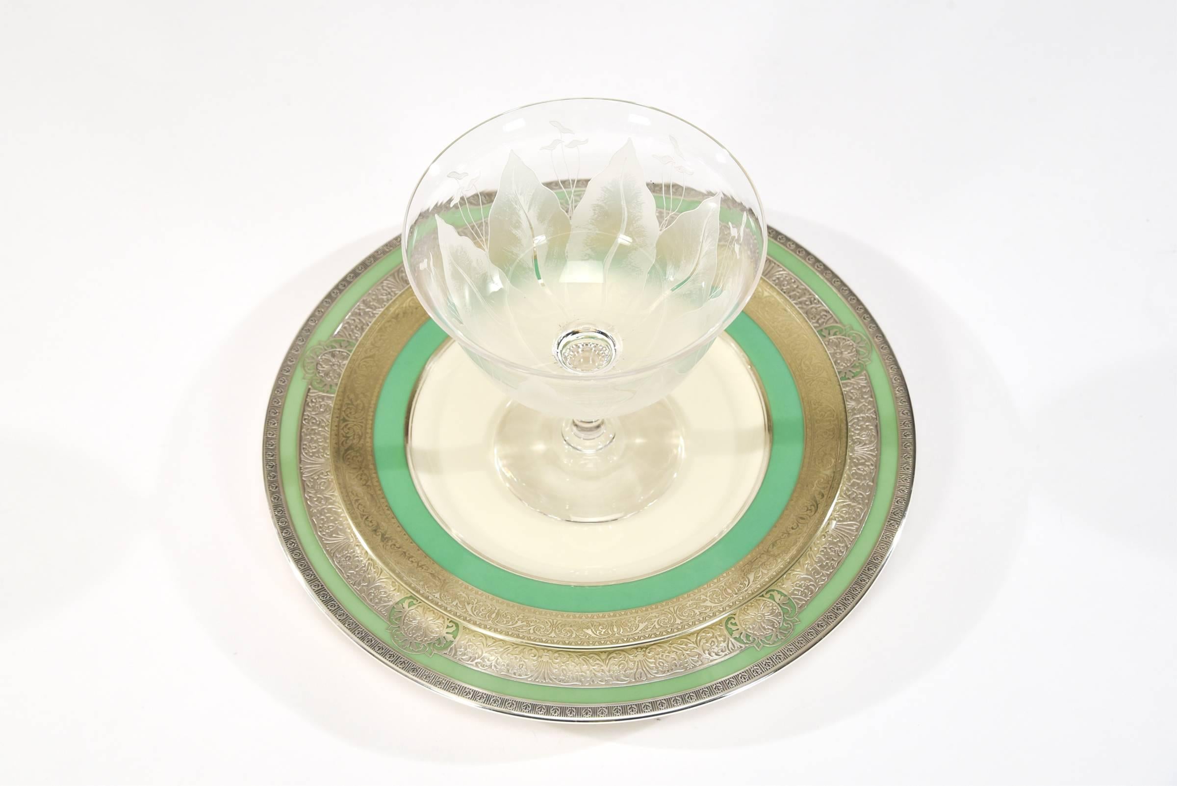 Silvered Set of 12 Lenox Green & Ivory Dessert Plates with Silver Overlay Borders, 1920s