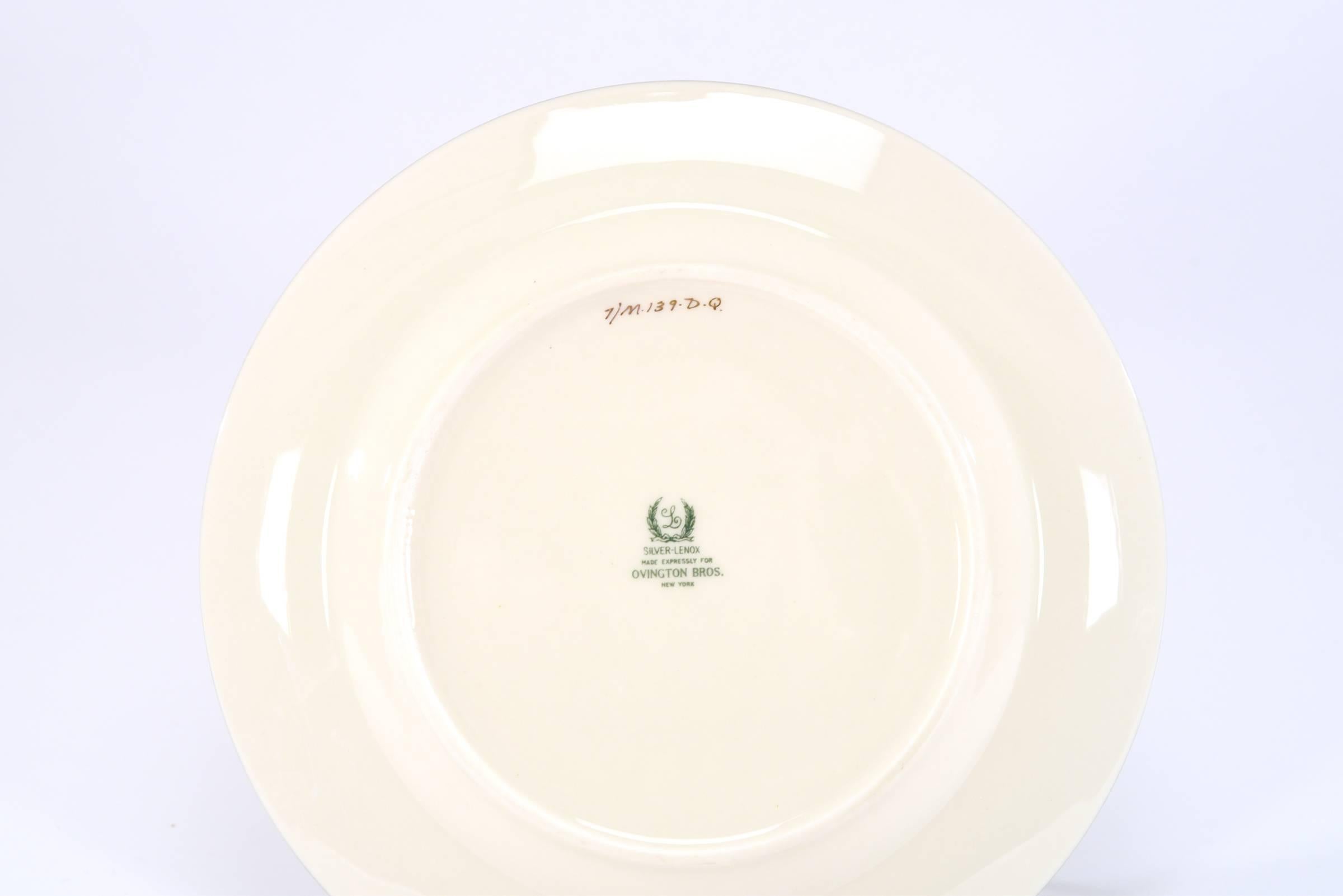 Early 20th Century Set of 12 Lenox Green & Ivory Dessert Plates with Silver Overlay Borders, 1920s