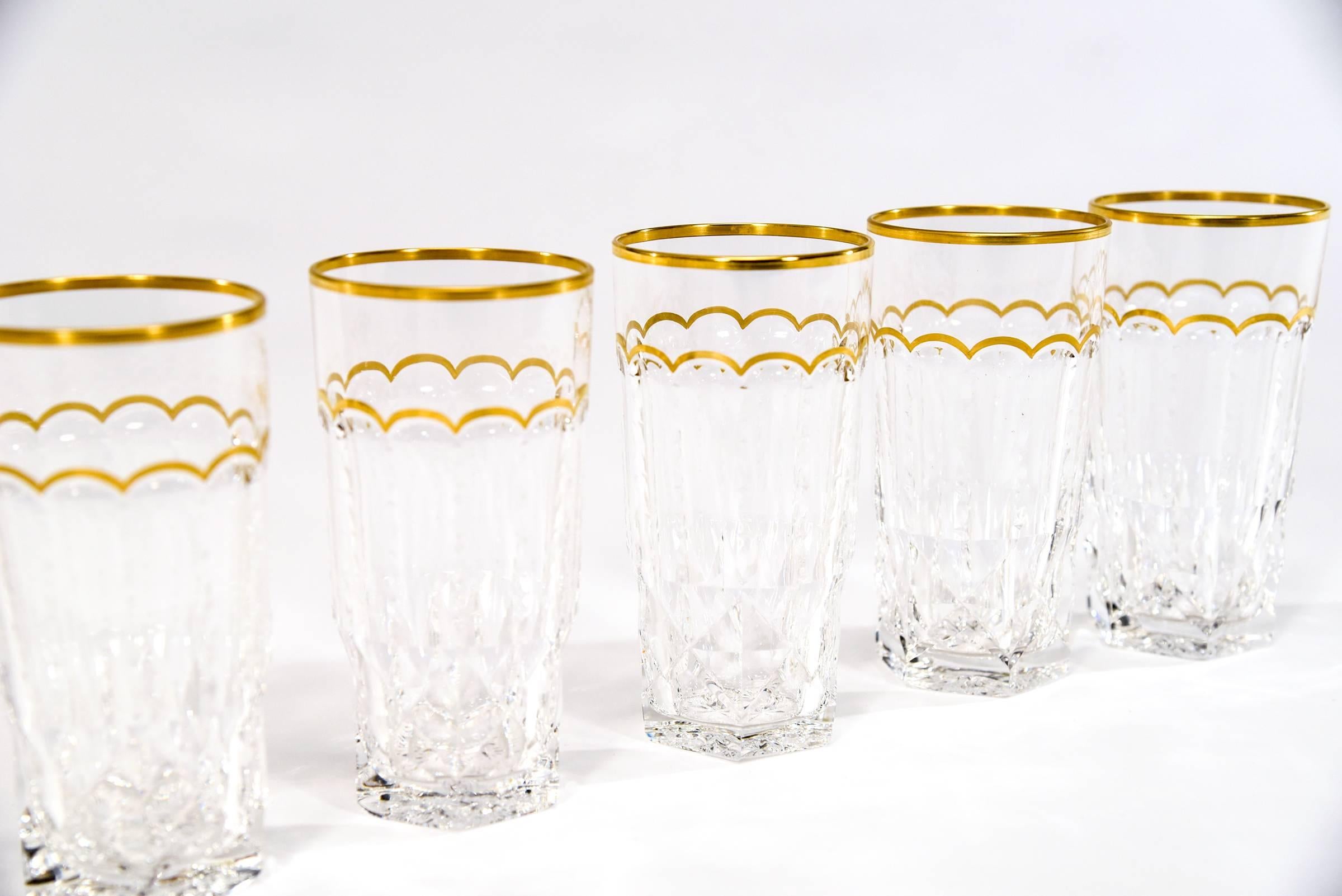 This set of 13 signed St. Louis tumblers or highballs, are sure to be the ones you reach for when setting the table or pouring your favorite drink. The handblown crystal sparkles with the complex hexagonal cut base and sides, topped off with a