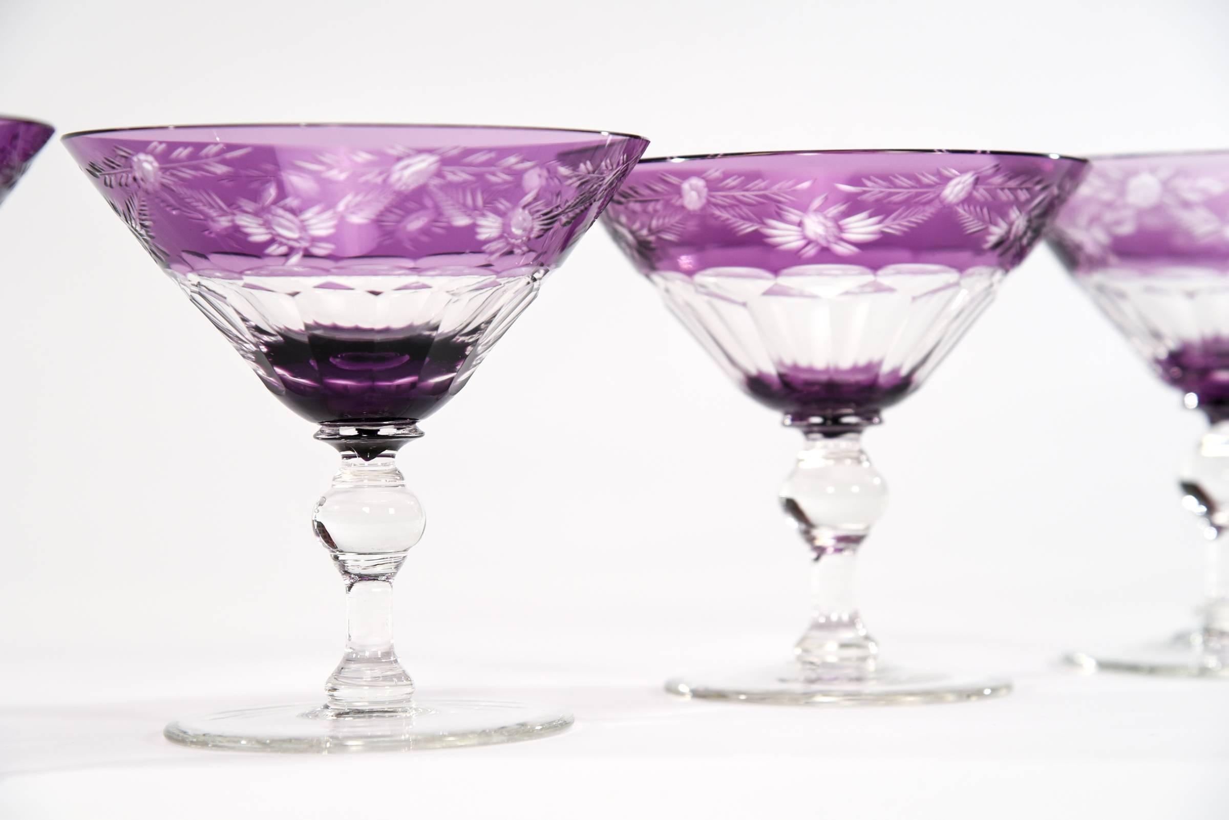 American Set of Ten Sinclaire Handblown Amethyst Cut to Clear Martini, Cocktail Coupes For Sale