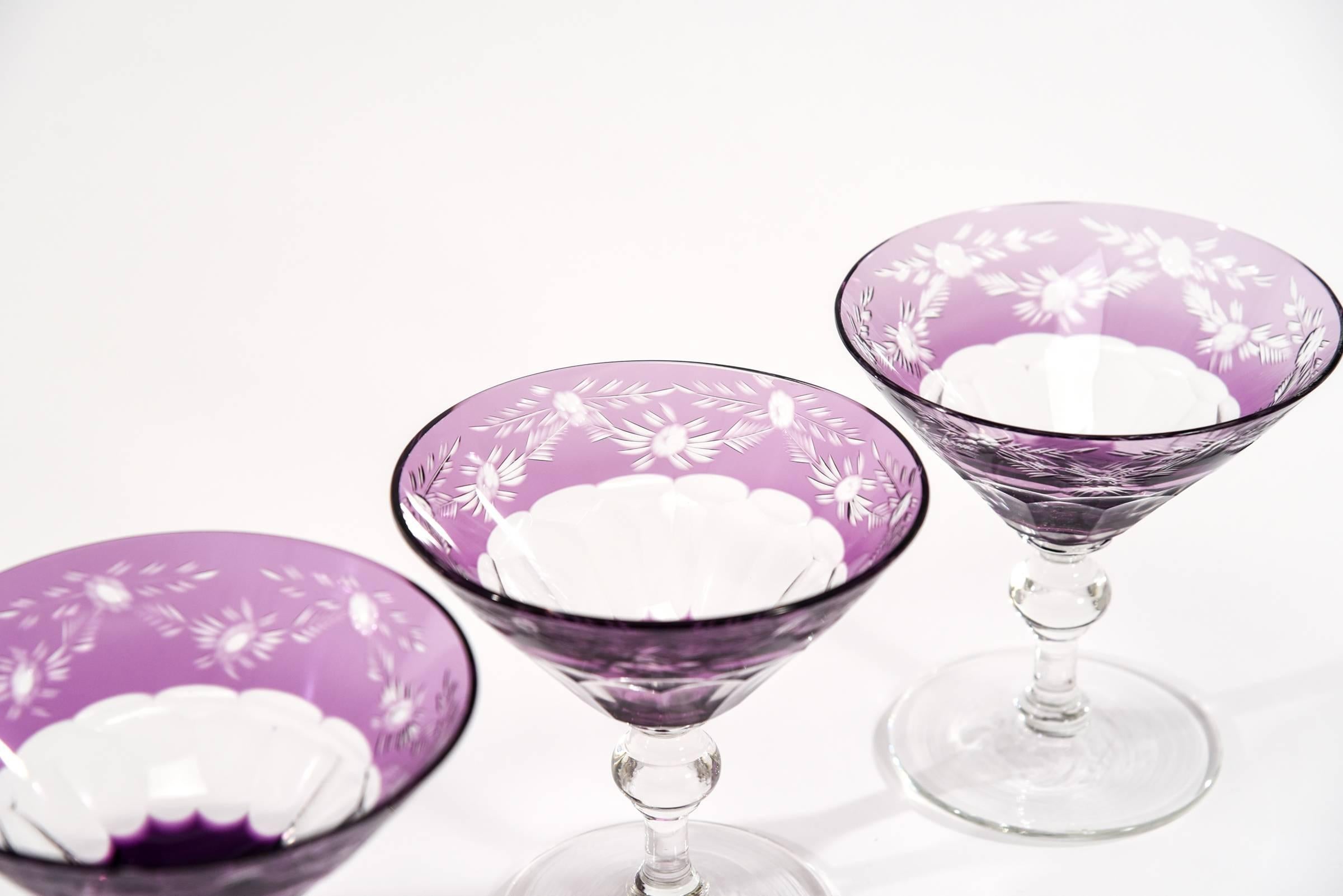 Engraved Set of Ten Sinclaire Handblown Amethyst Cut to Clear Martini, Cocktail Coupes For Sale