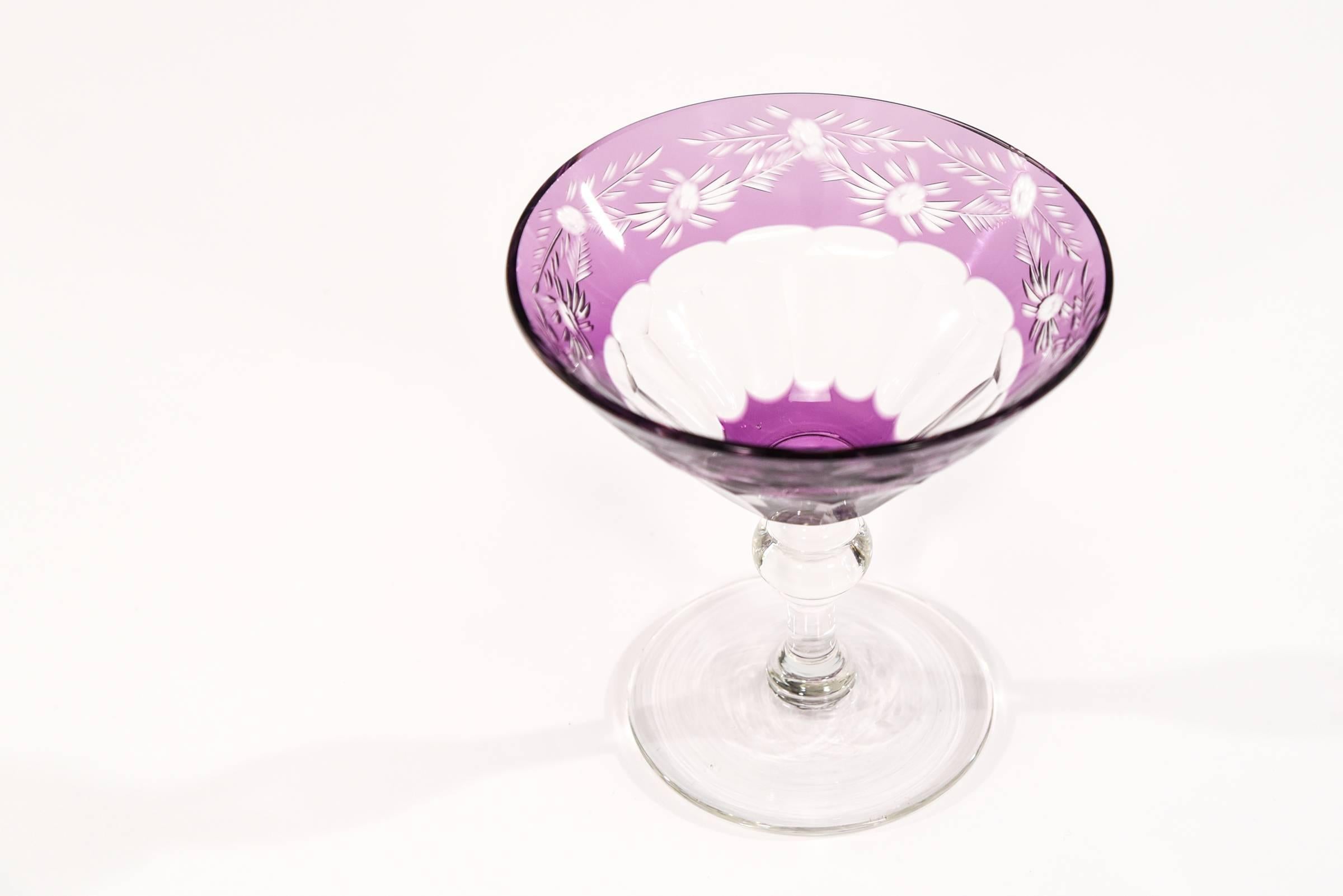 Set of Ten Sinclaire Handblown Amethyst Cut to Clear Martini, Cocktail Coupes In Excellent Condition For Sale In Great Barrington, MA