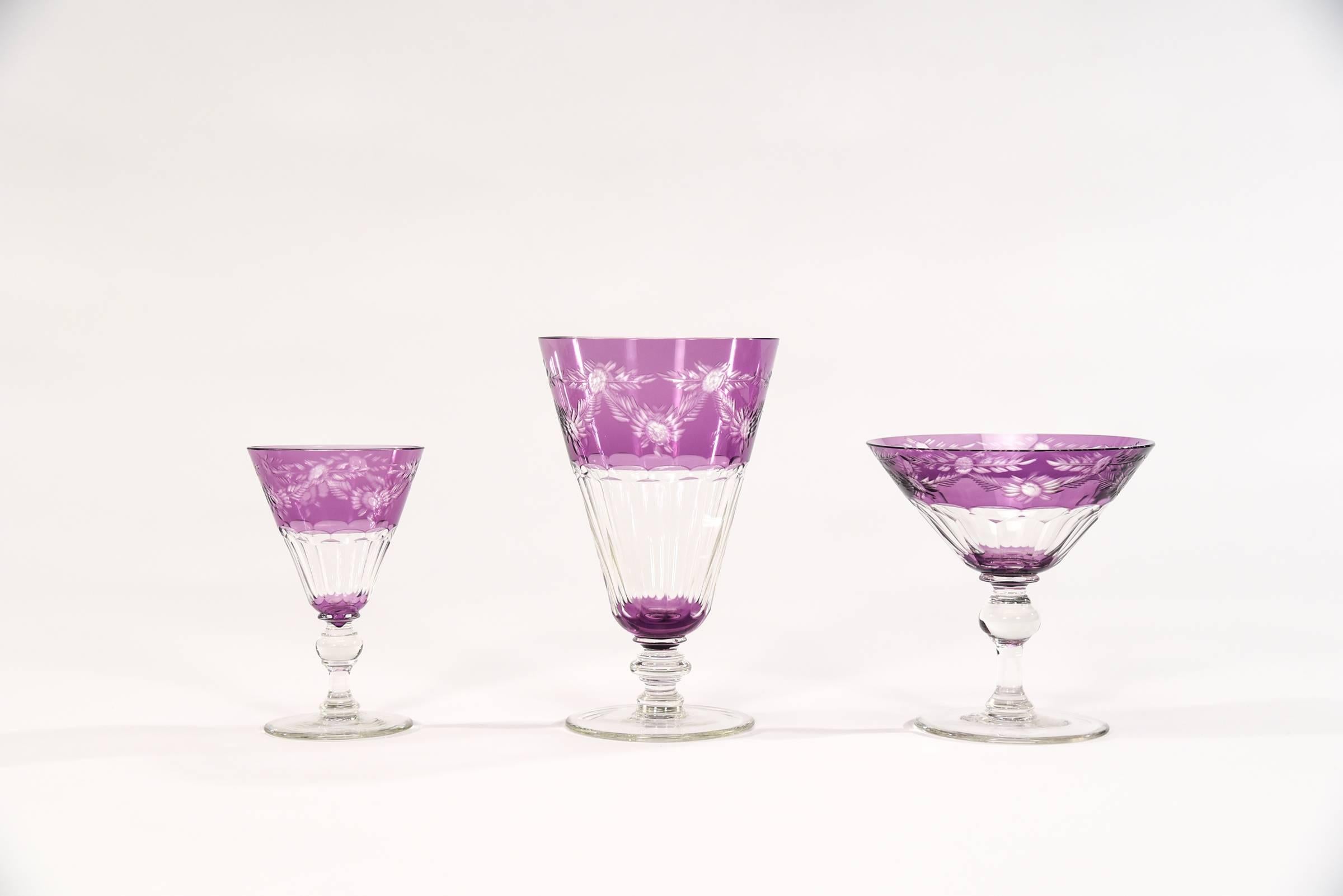 Early 20th Century Set of Ten Sinclaire Handblown Amethyst Cut to Clear Martini, Cocktail Coupes For Sale