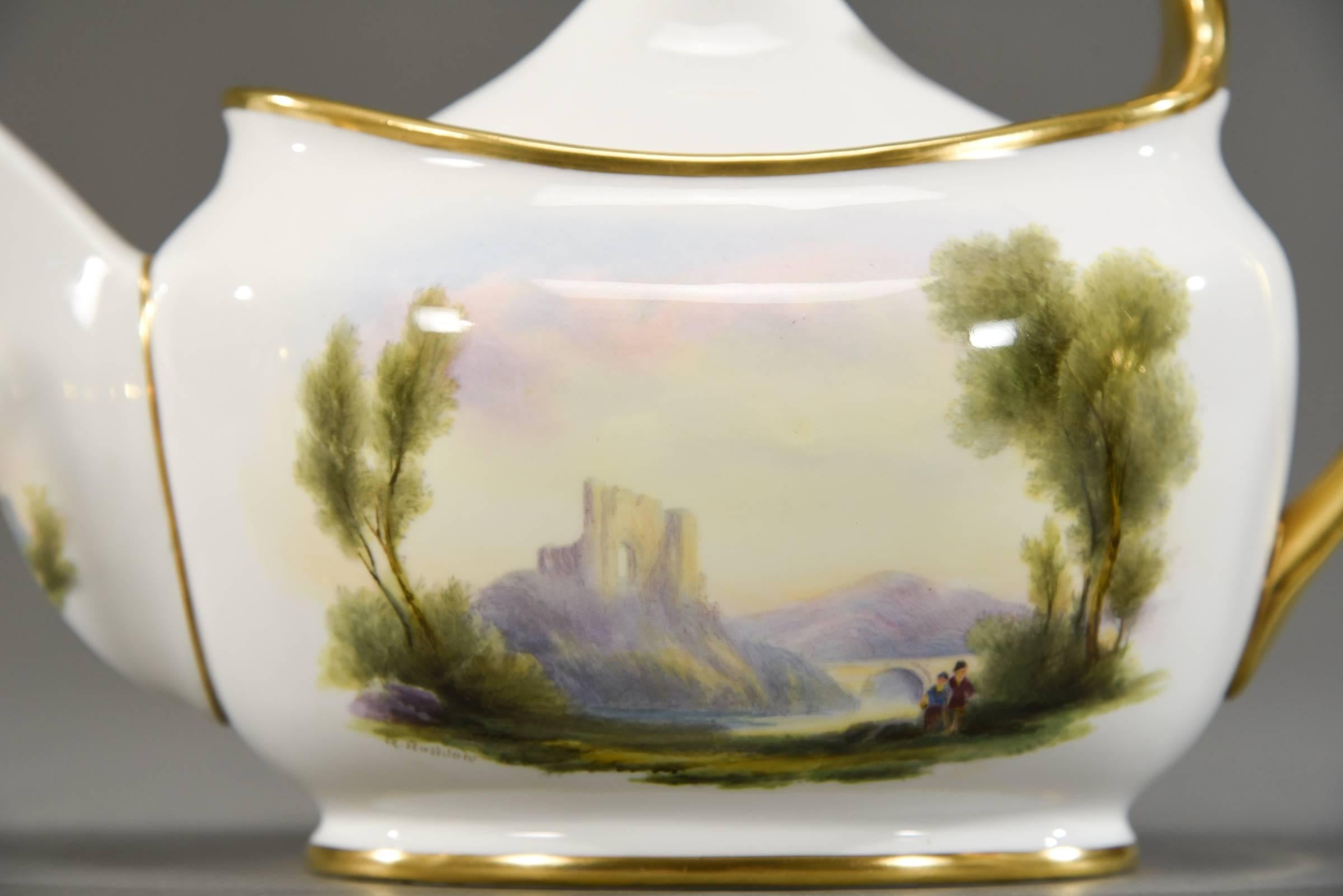 English Royal Worcester 9 Pc. Handpainted Artist Signed, Rushton, Scenic Breakfast Set