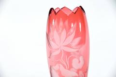 Webb Handblown Cranberry Cut to Clear Crystal Vase with Engraved Water Lilies