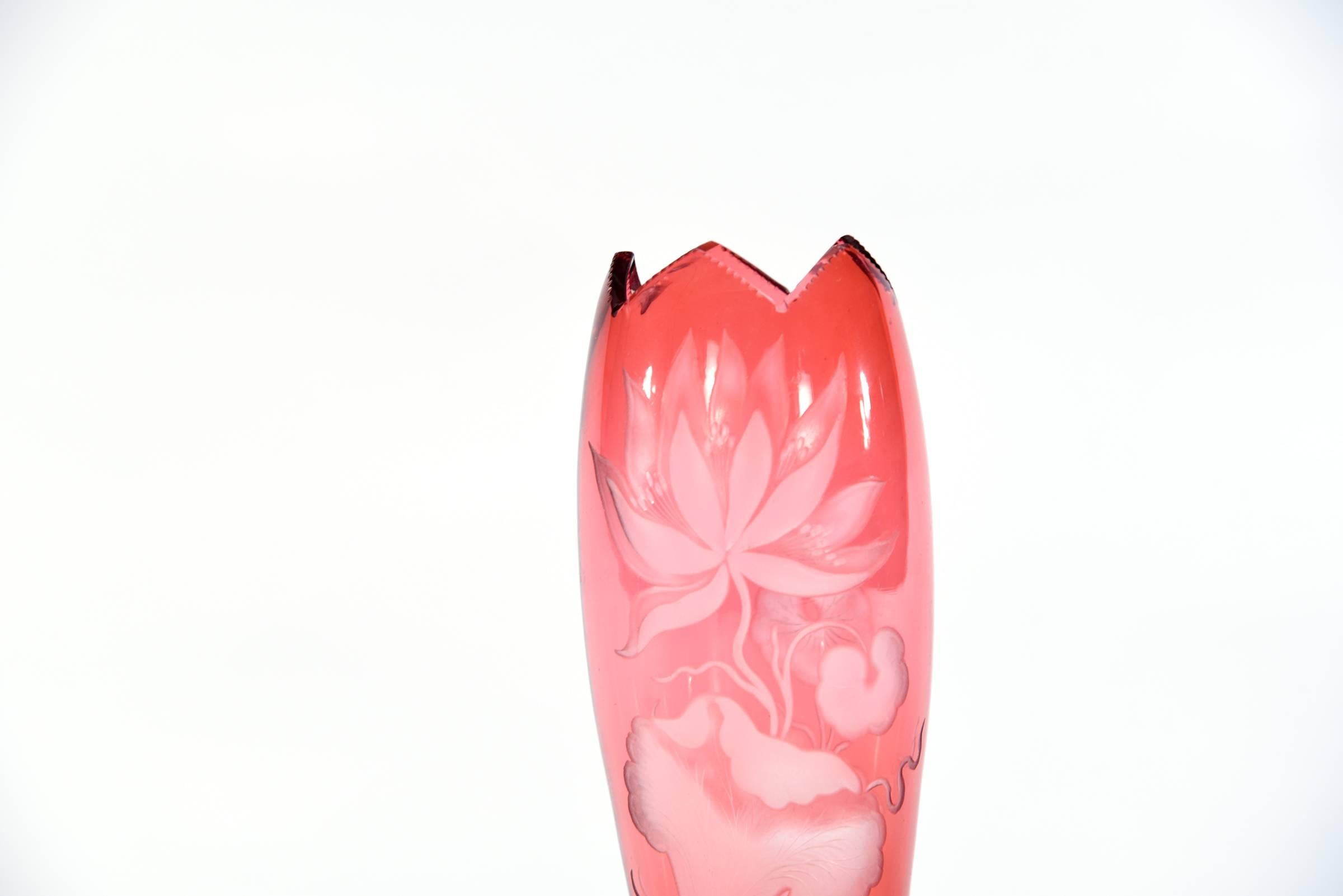 Art Nouveau Webb Handblown Cranberry Cut to Clear Crystal Vase with Engraved Water Lilies For Sale