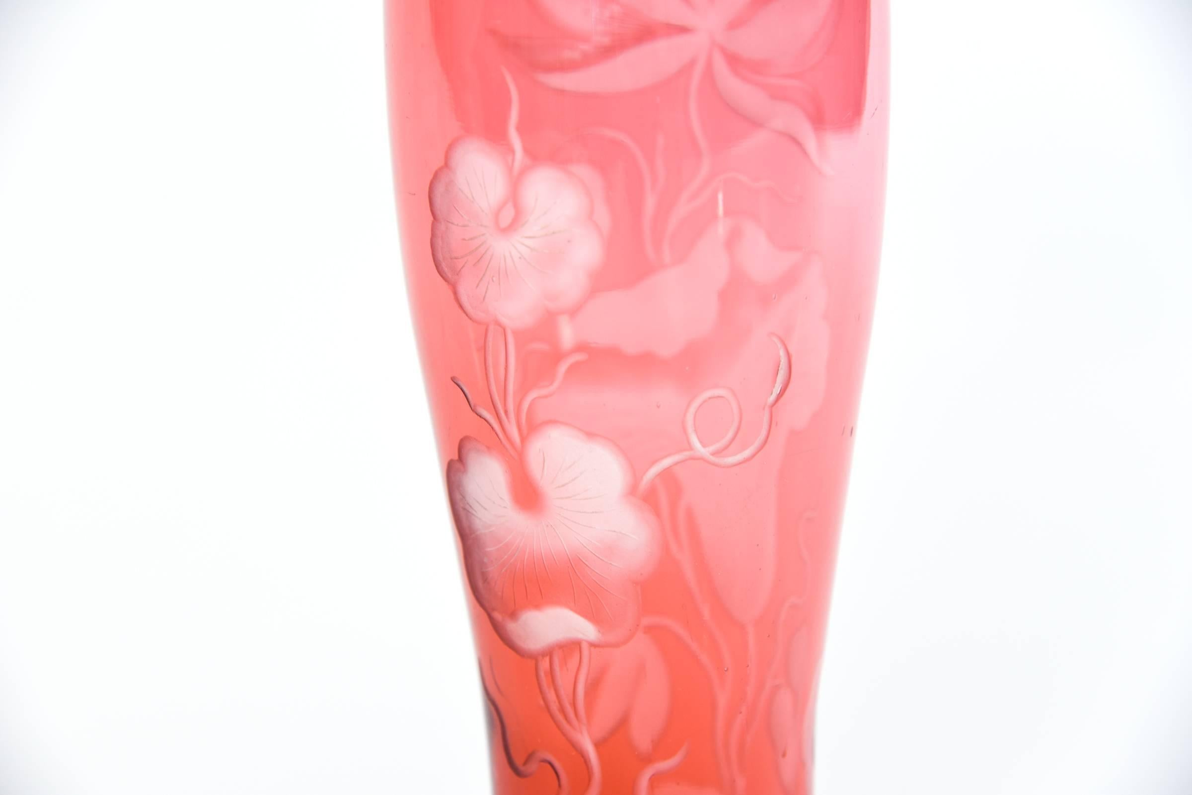 English Webb Handblown Cranberry Cut to Clear Crystal Vase with Engraved Water Lilies For Sale