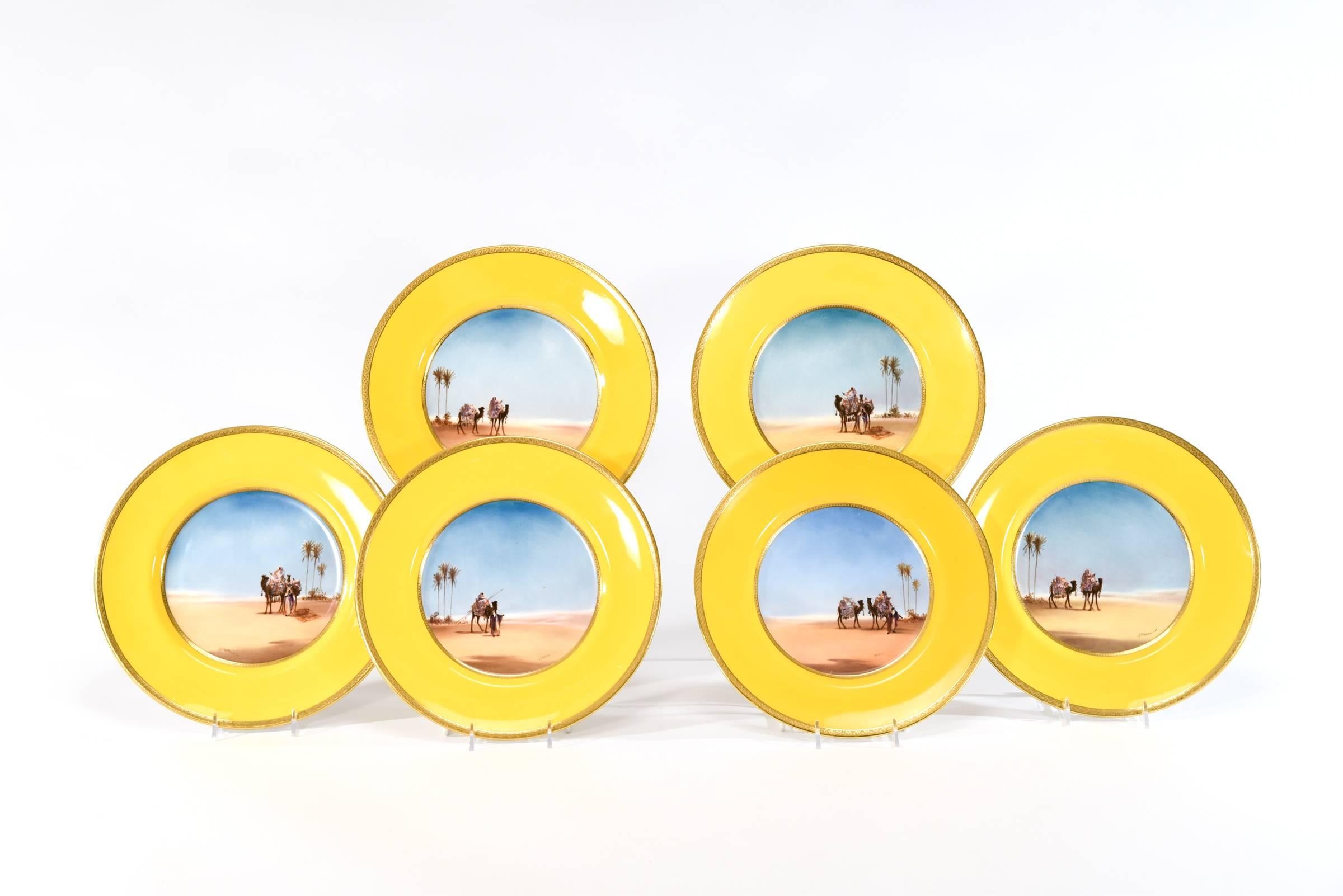 This is one of the rarer subjects painted on any plates and this set of 12 Royal Doulton examples were painted by one of the masters, Harry Allen. Each plate is signed by the artist and is a variation on iconic desert scenes with palm trees, clear
