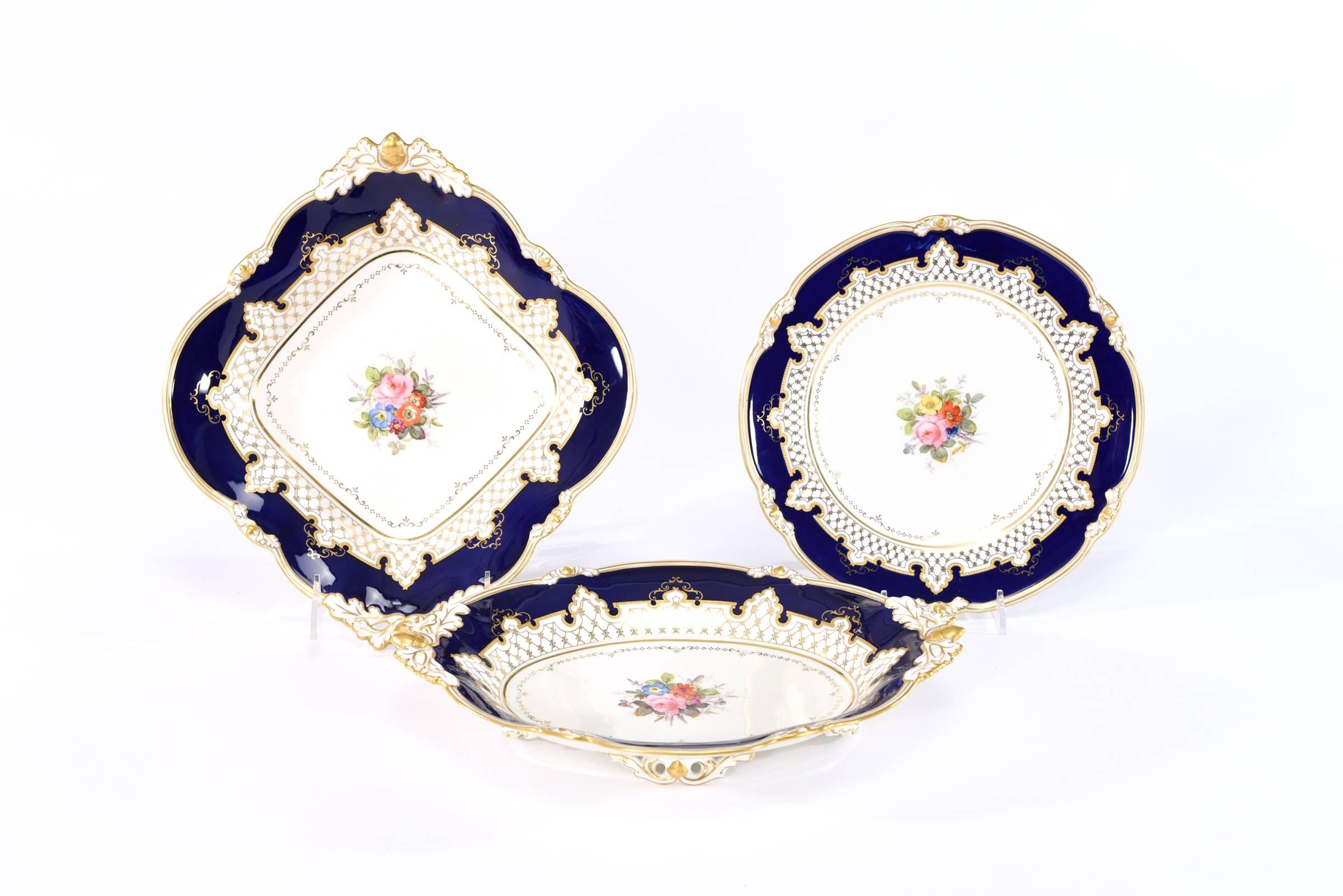 English Royal Crown Derby Dessert Service with Cobalt Blue, Gold & Hand-Painted Flowers For Sale