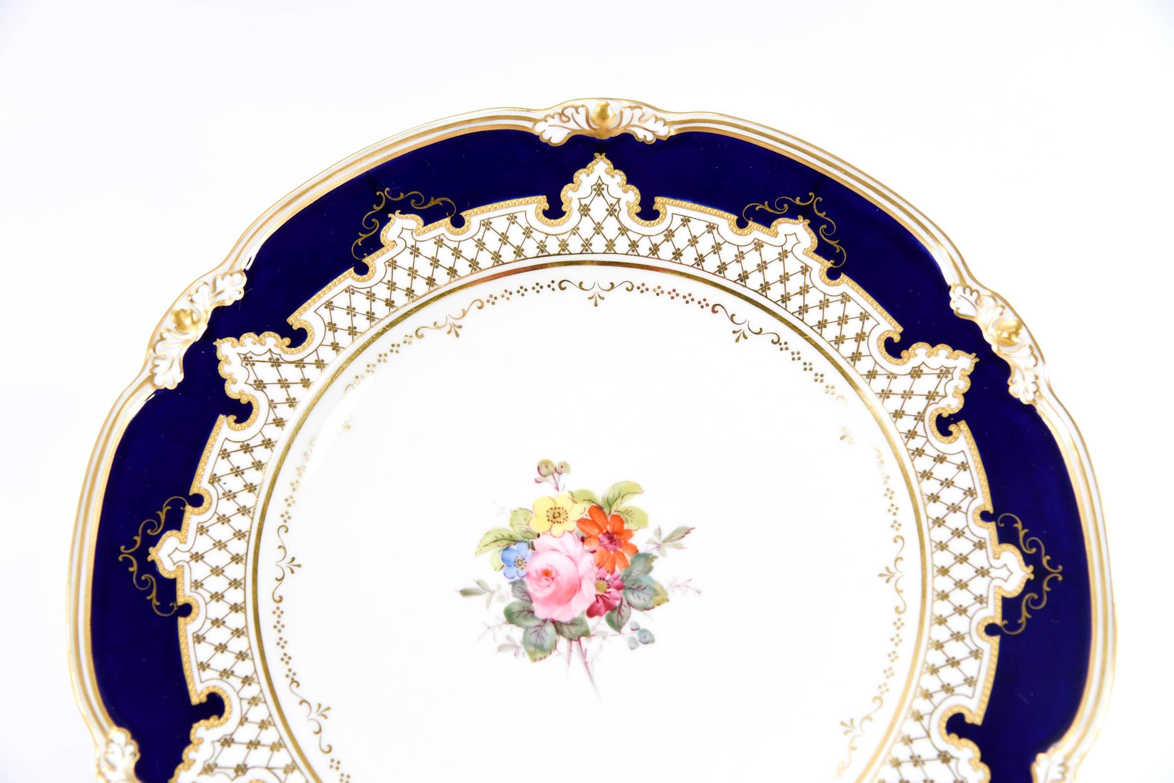 Early 20th Century Royal Crown Derby Dessert Service with Cobalt Blue, Gold & Hand-Painted Flowers For Sale