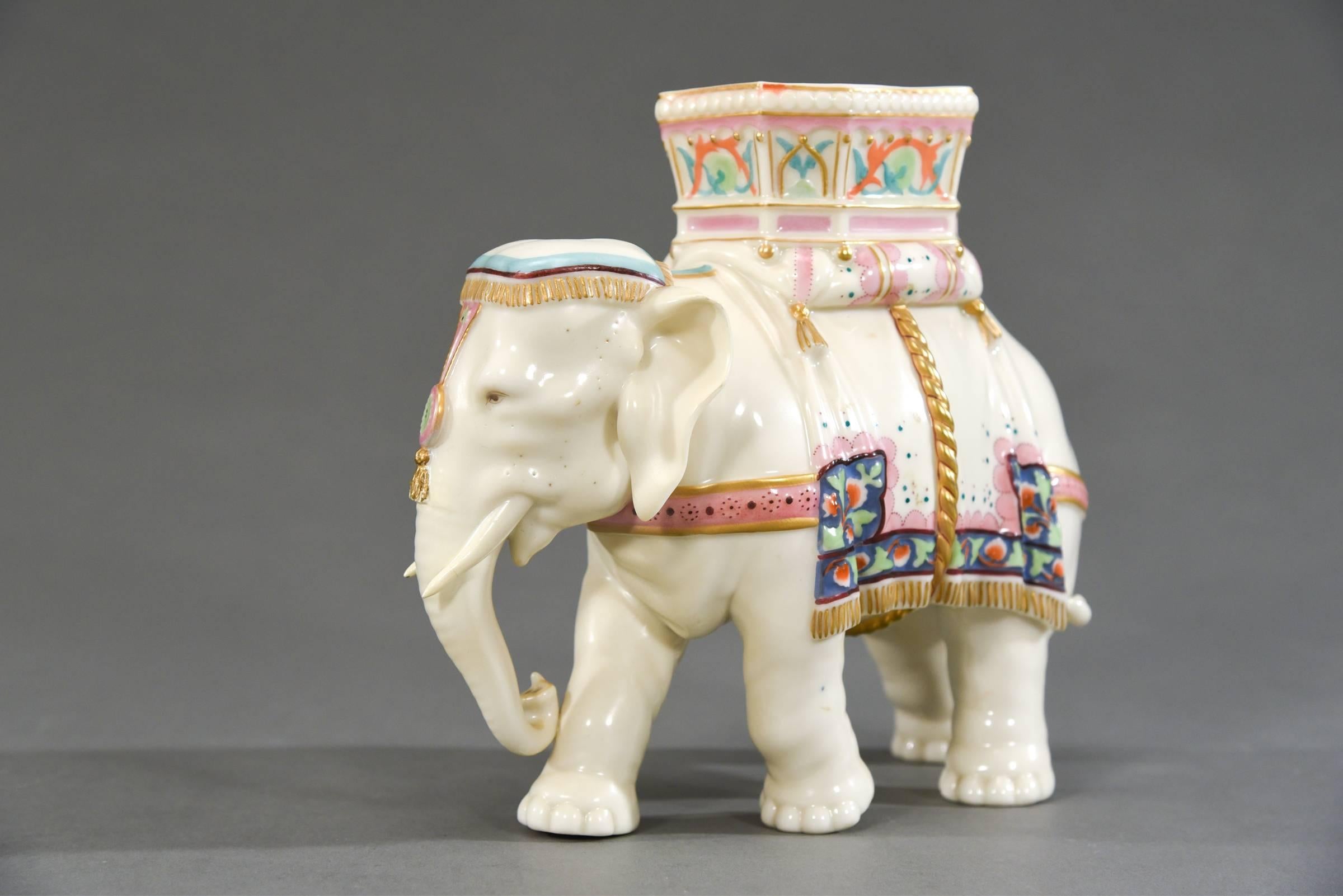 English Worcester Porcelain Figural Elephant Vase Hand-Painted Enamel Decoration