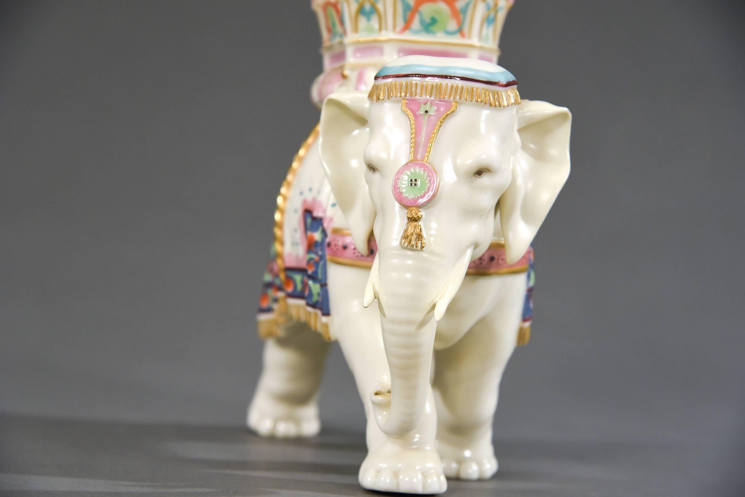 Enameled Worcester Porcelain Figural Elephant Vase Hand-Painted Enamel Decoration