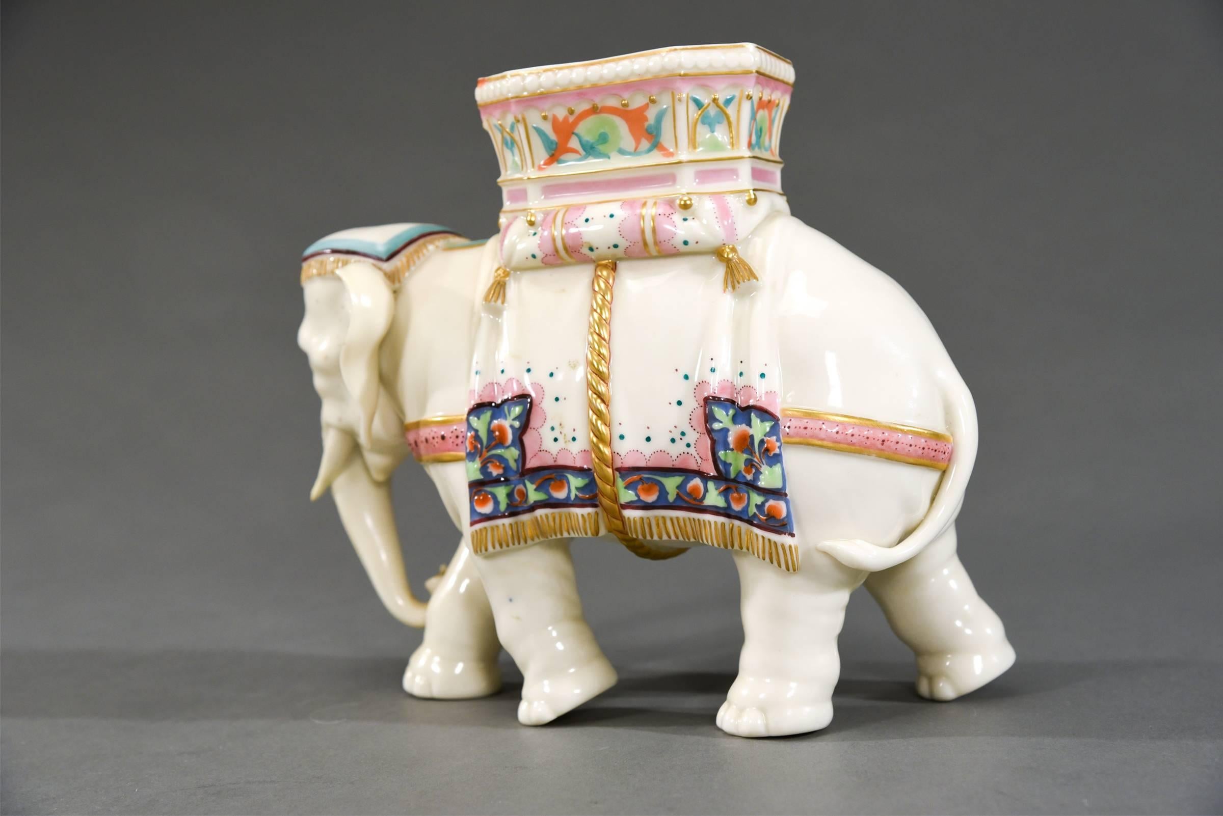 Worcester Porcelain Figural Elephant Vase Hand-Painted Enamel Decoration In Excellent Condition In Great Barrington, MA