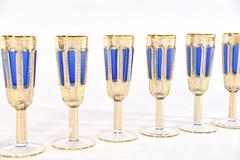 Set of Eight Moser Crystal Panel Cut Cobalt Blue Enamel & Gold Champagne Flutes