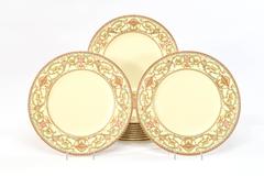 Set of 12 Royal Worcester Cream & Multicolored Enamel & Gold Dinner Plates