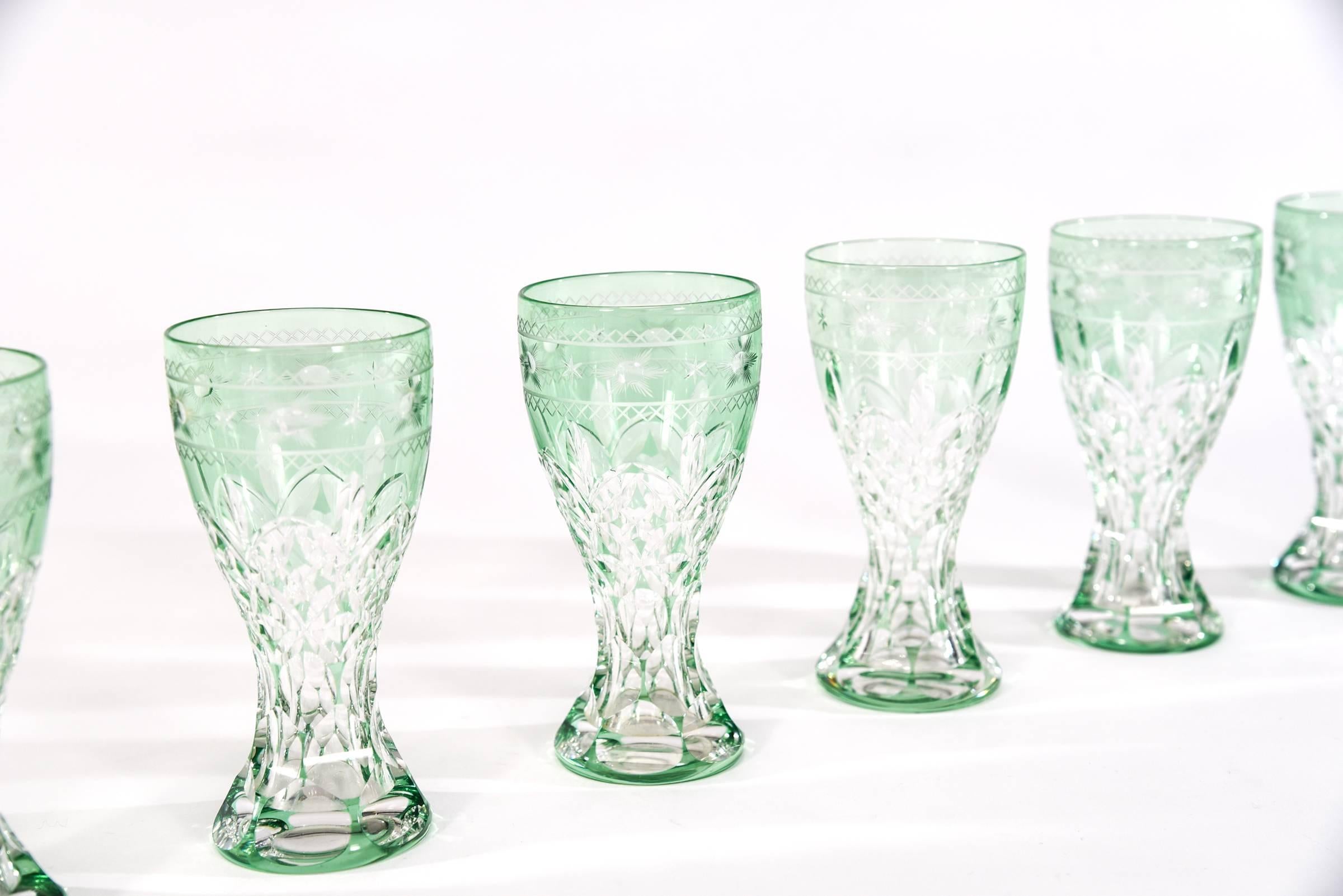 This is an unusual set of 10 hand blown crystal tumblers, perfect for many drink options. Anything from Scotch, Bourbon, juice or cocktails will taste better when enjoyed from these beautiful glasses. The detailed pattern is cut to clear over a