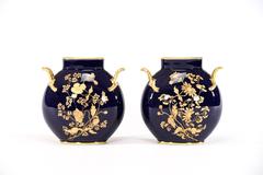 Pair of Limoges Cobalt Blue & Raised Paste Gold Vases with Floral Motif
