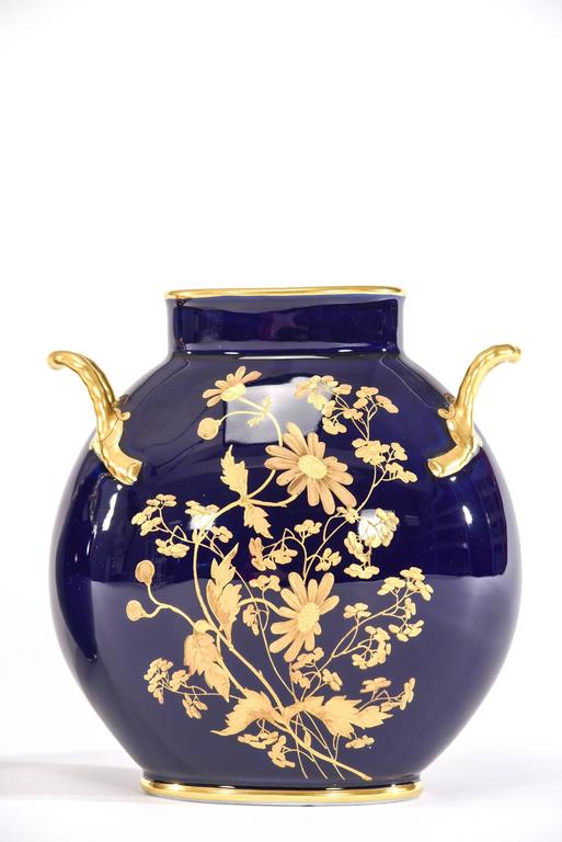 Pair of Limoges Cobalt Blue and Raised Paste Gold Vases with Floral