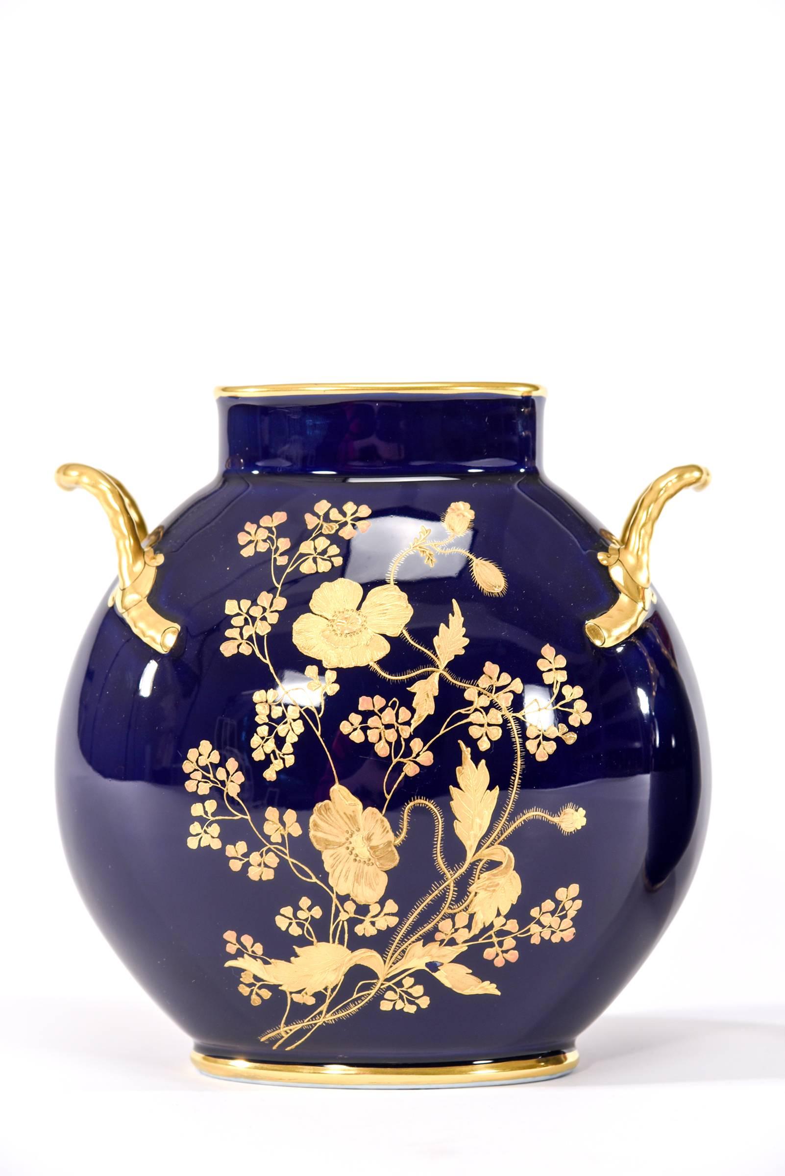 Aesthetic Movement Pair of Limoges Cobalt Blue & Raised Paste Gold Vases with Floral Motif
