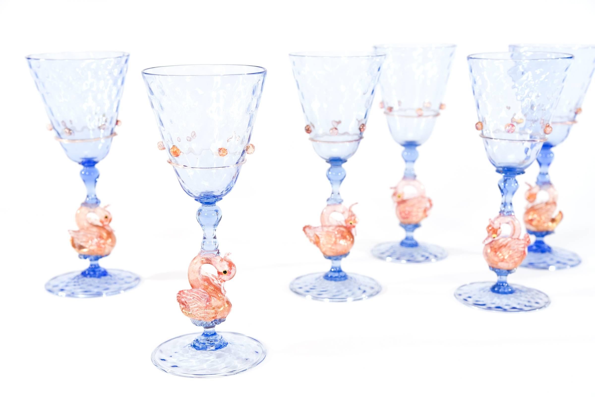Italian Hand-Blown Salviati French Venetian Stemware Service with Pink Figural Swans For Sale