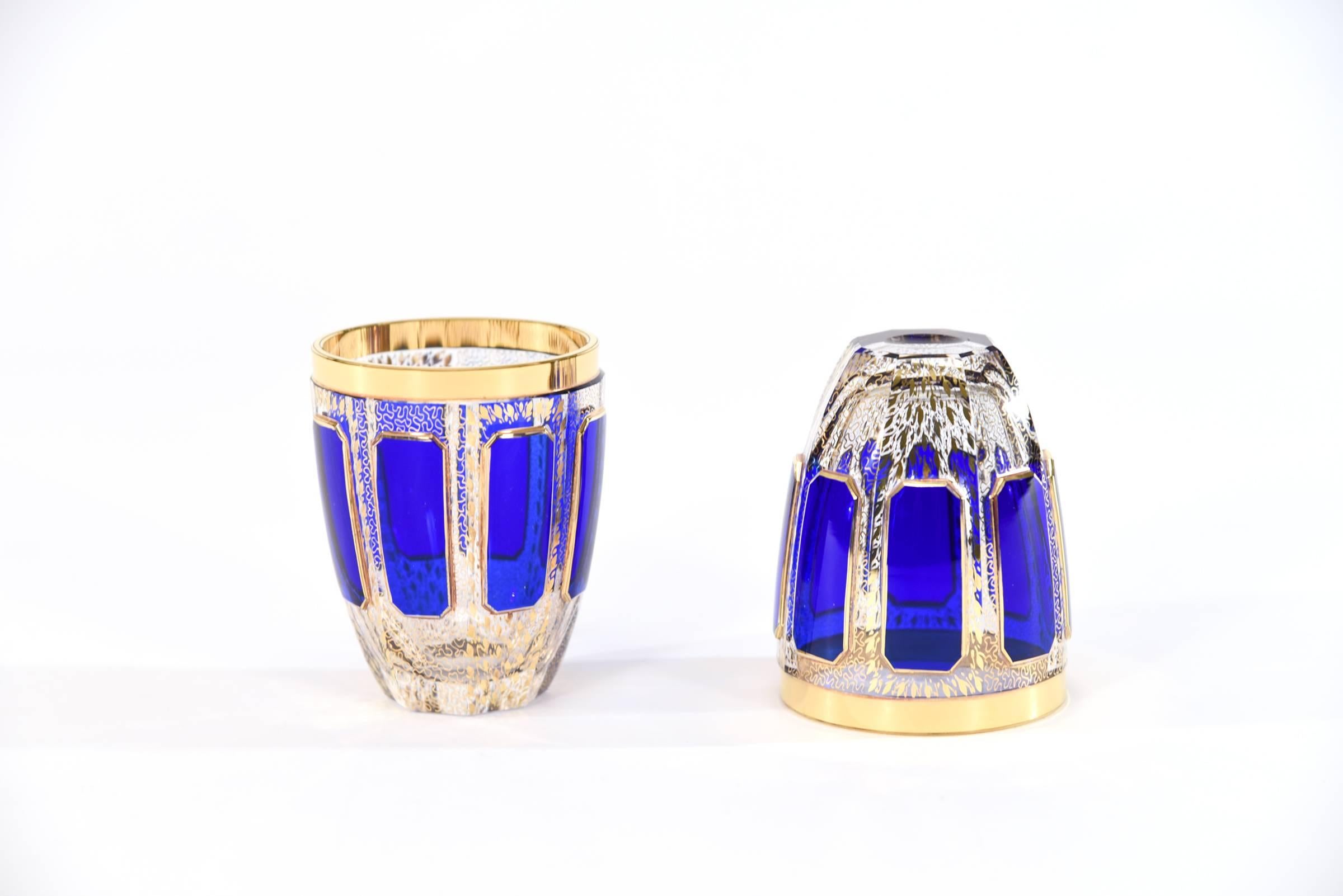 Czech Set of Eight Moser Cobalt Blue and Gold Crystal Rounded High Ball Glasses