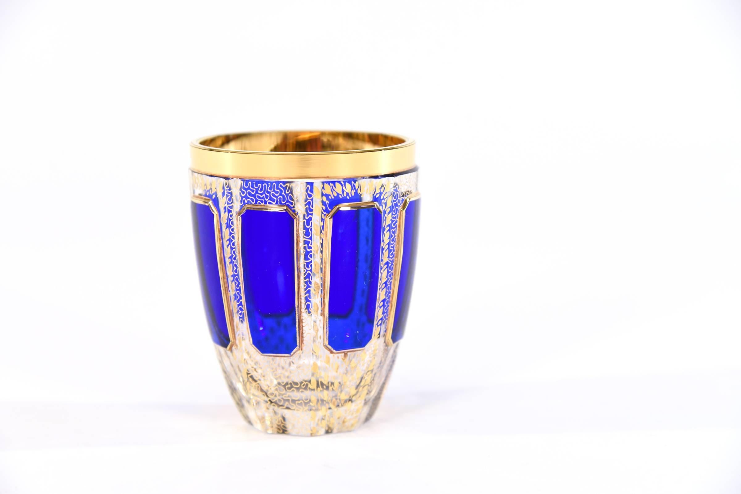 Enameled Set of Eight Moser Cobalt Blue and Gold Crystal Rounded High Ball Glasses
