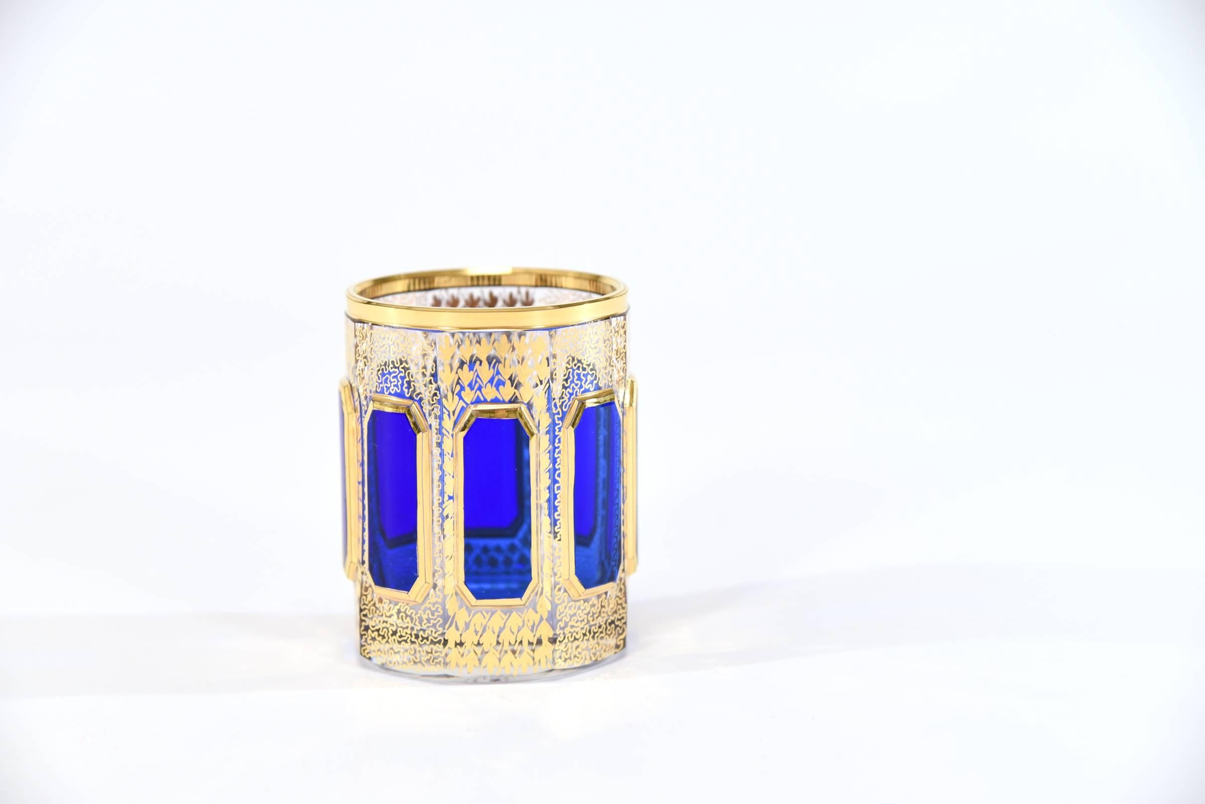 Czech Set of Eight Moser Cobalt Blue and Gold Crystal High Ball Glasses Panel Cut