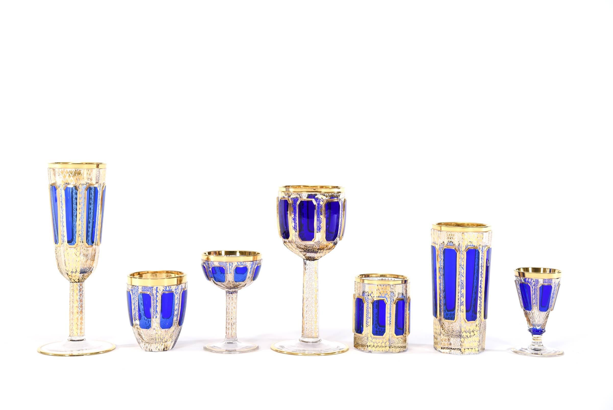 Enameled Set of Eight Moser Cobalt Blue and Gold Crystal High Ball Glasses Panel Cut