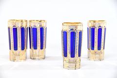 Set of Eight Moser Cobalt Blue and Gold Crystal Tumblers Panel Cut