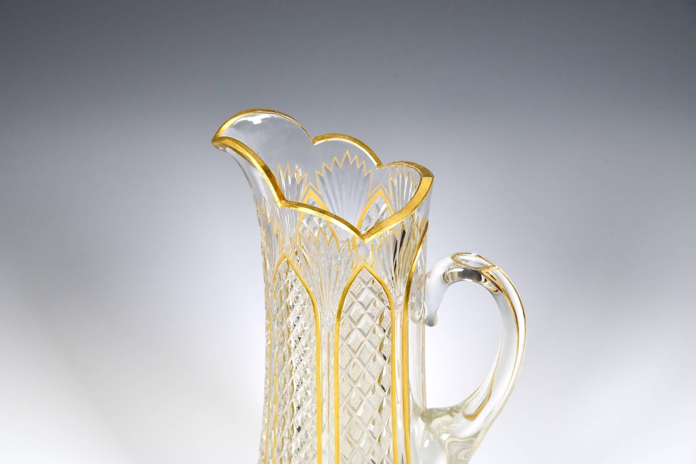 French Handblown 19th Century Cut Crystal Pitcher with Gold Enamel Decoration Baccarat