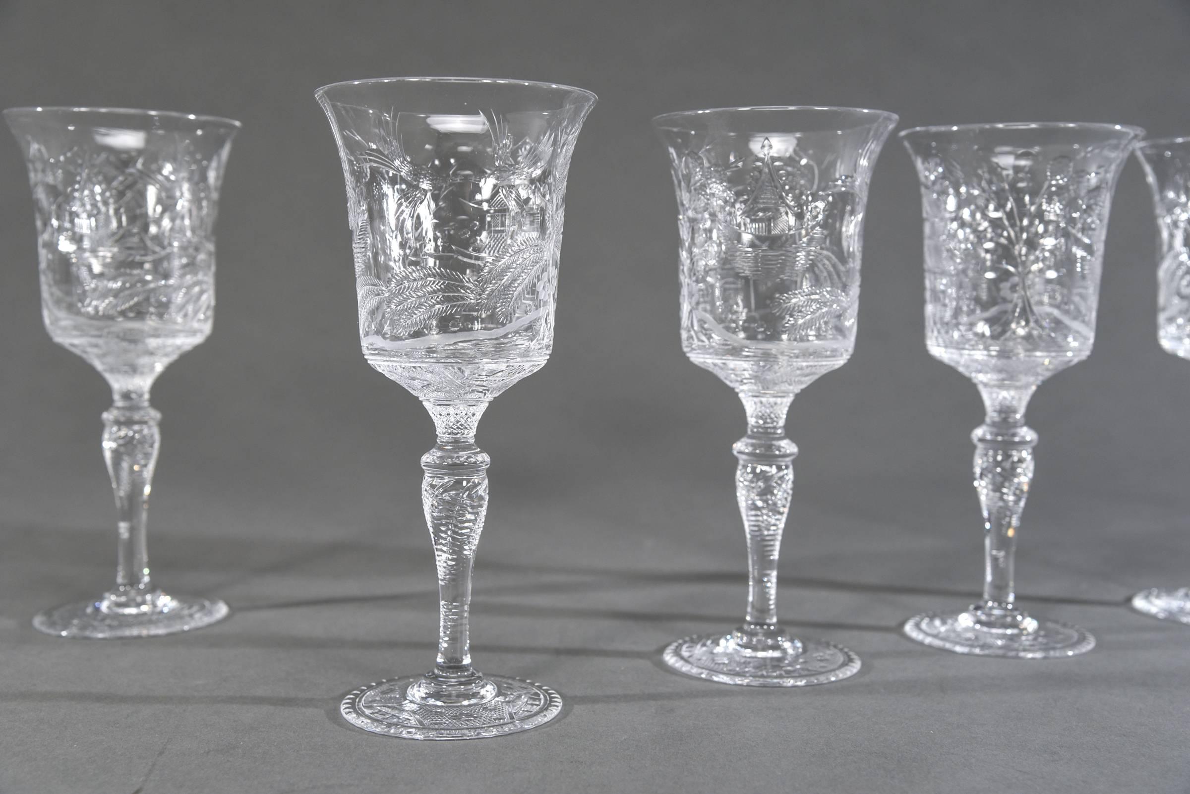 English 12 Stevens & Williams Handblown Willow Chinoiserie Crystal Water Goblets
