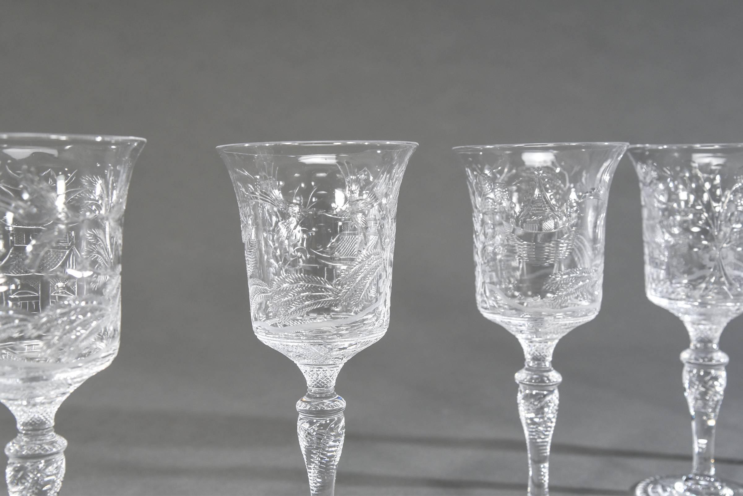 Engraved 12 Stevens & Williams Handblown Willow Chinoiserie Crystal Water Goblets