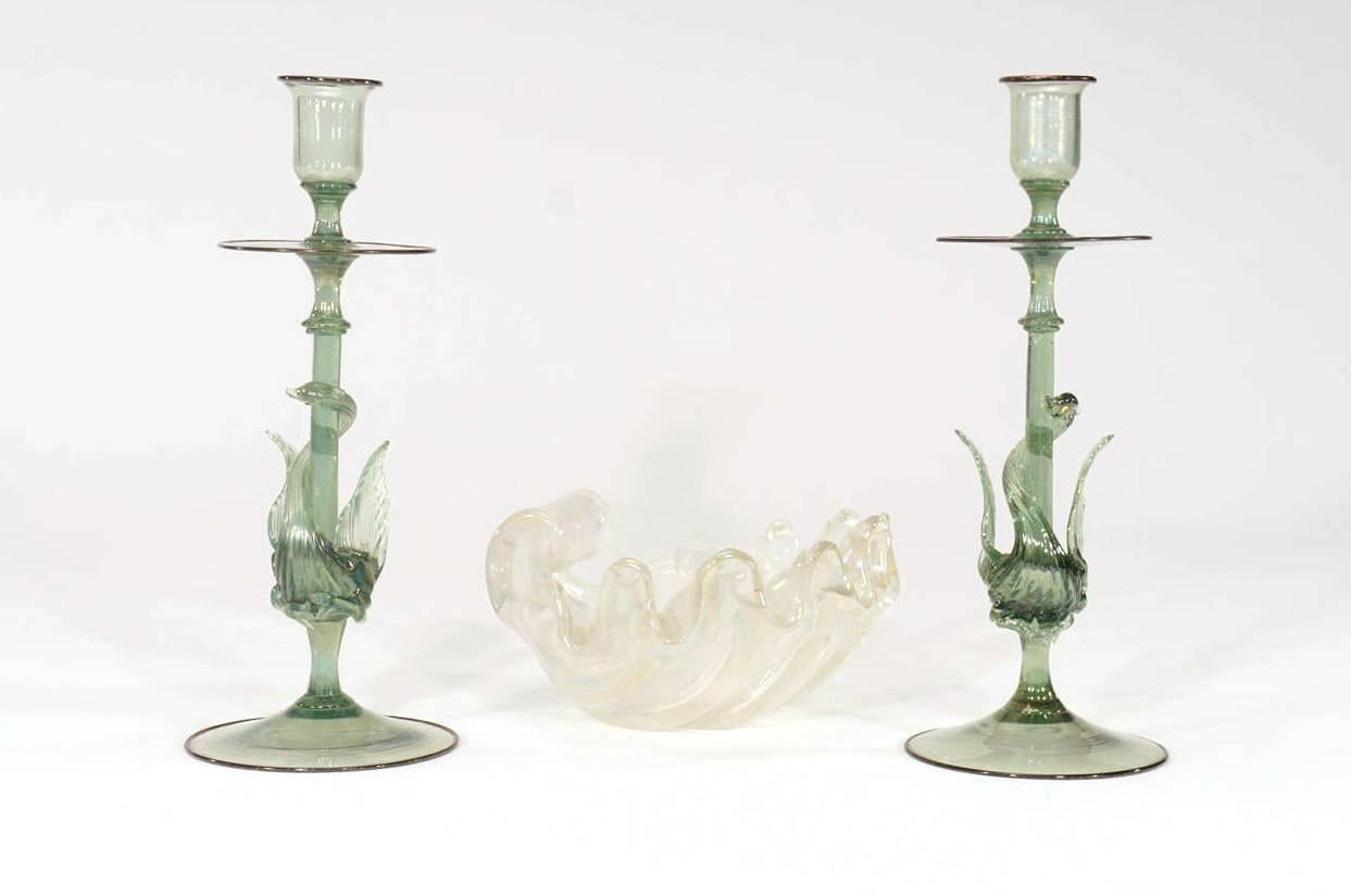 Pair of Hand Blown Salviati Venetian Swan Figural Candlesticks For Sale 1
