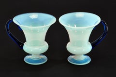 Pair of Fry "Foval" Opalescent Handblown Vases with Applied Delft Blue Handles