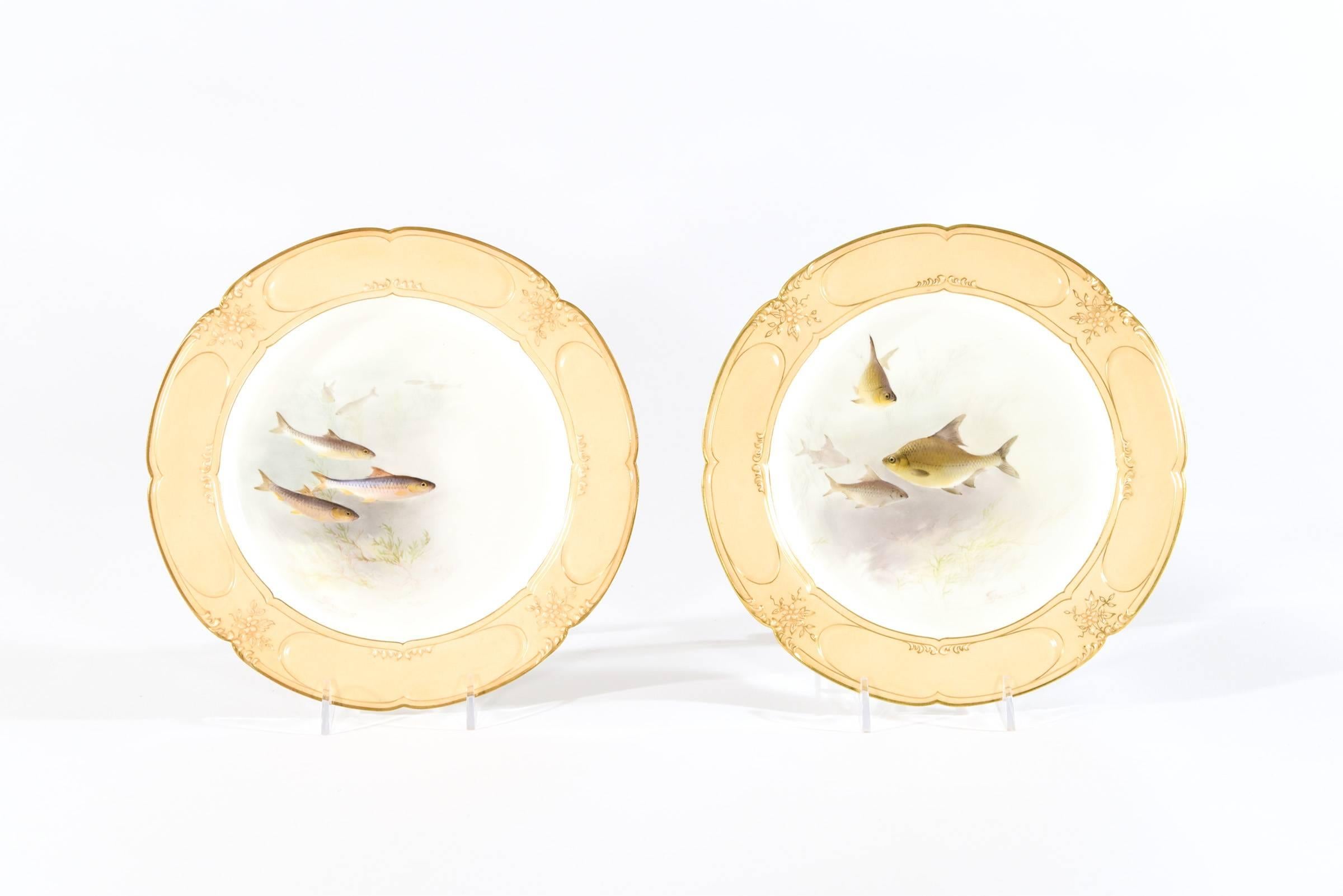 Ceramic Set of 12 Doulton Burslem Hand-Painted Artist Signed Fish Plates, 19th Century For Sale