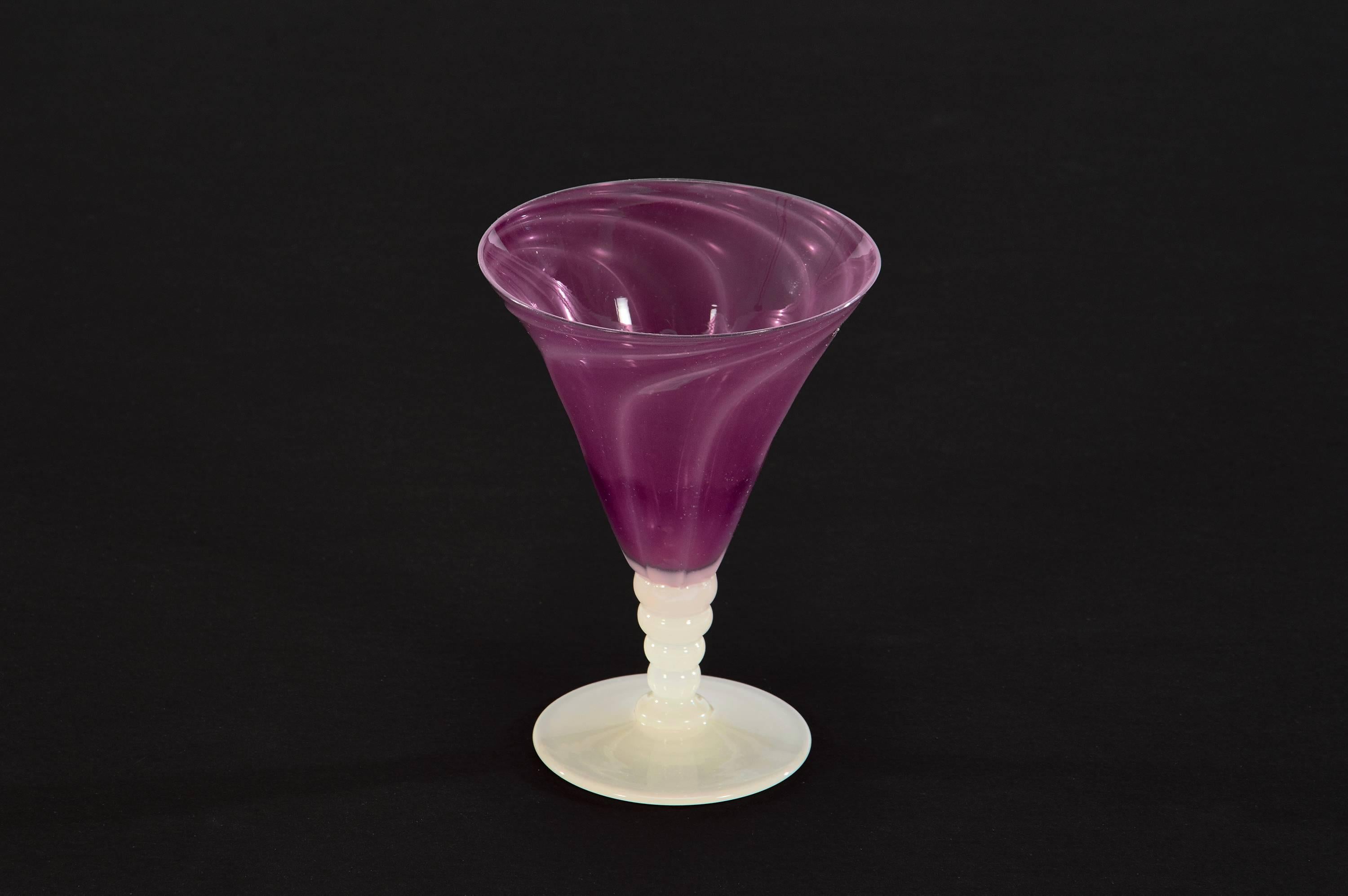 Art Nouveau Set of 12 Stevens & Williams Amethyst Goblets with Optic Swirl & Alabaster Stems