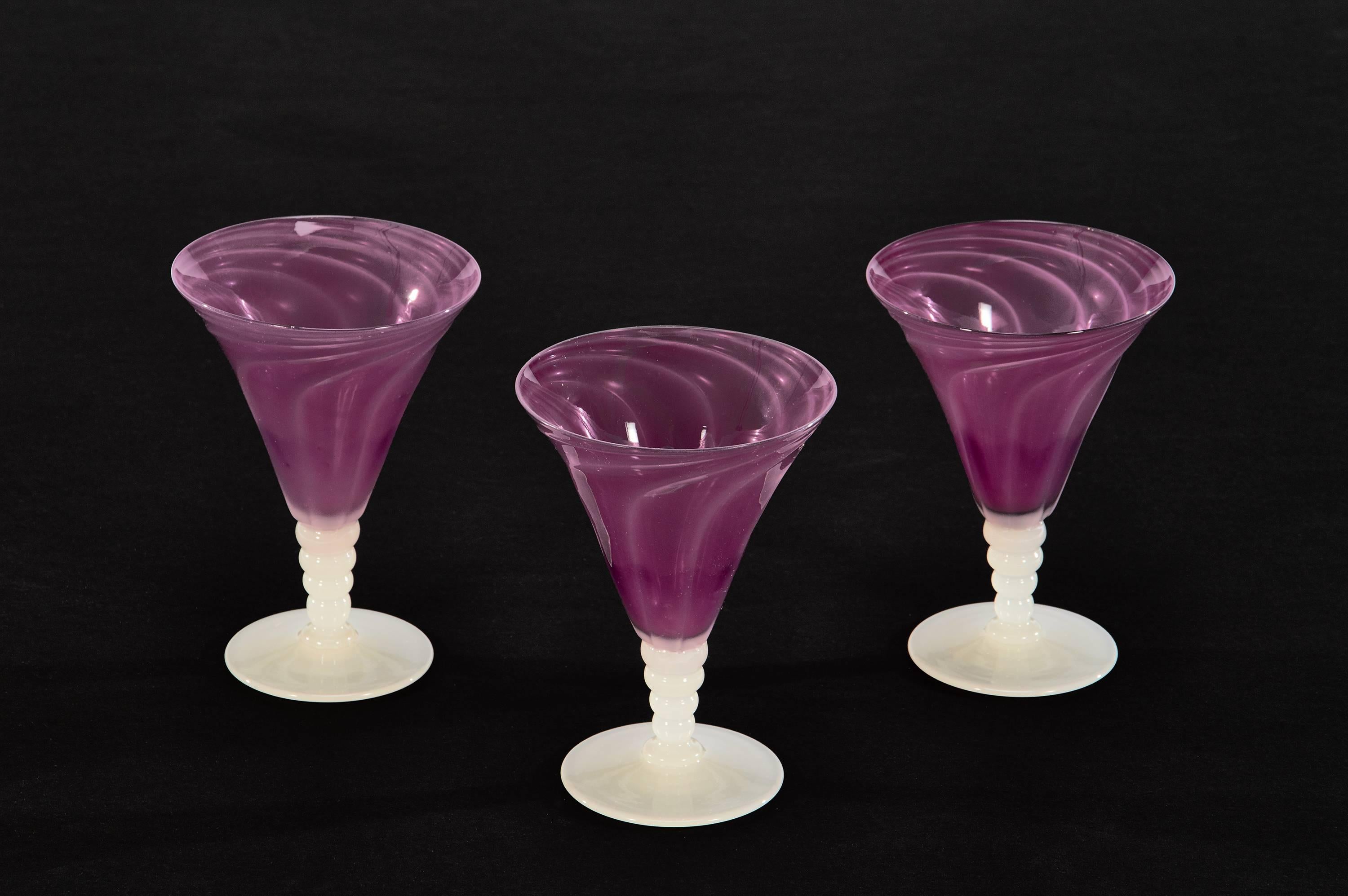 English Set of 12 Stevens & Williams Amethyst Goblets with Optic Swirl & Alabaster Stems