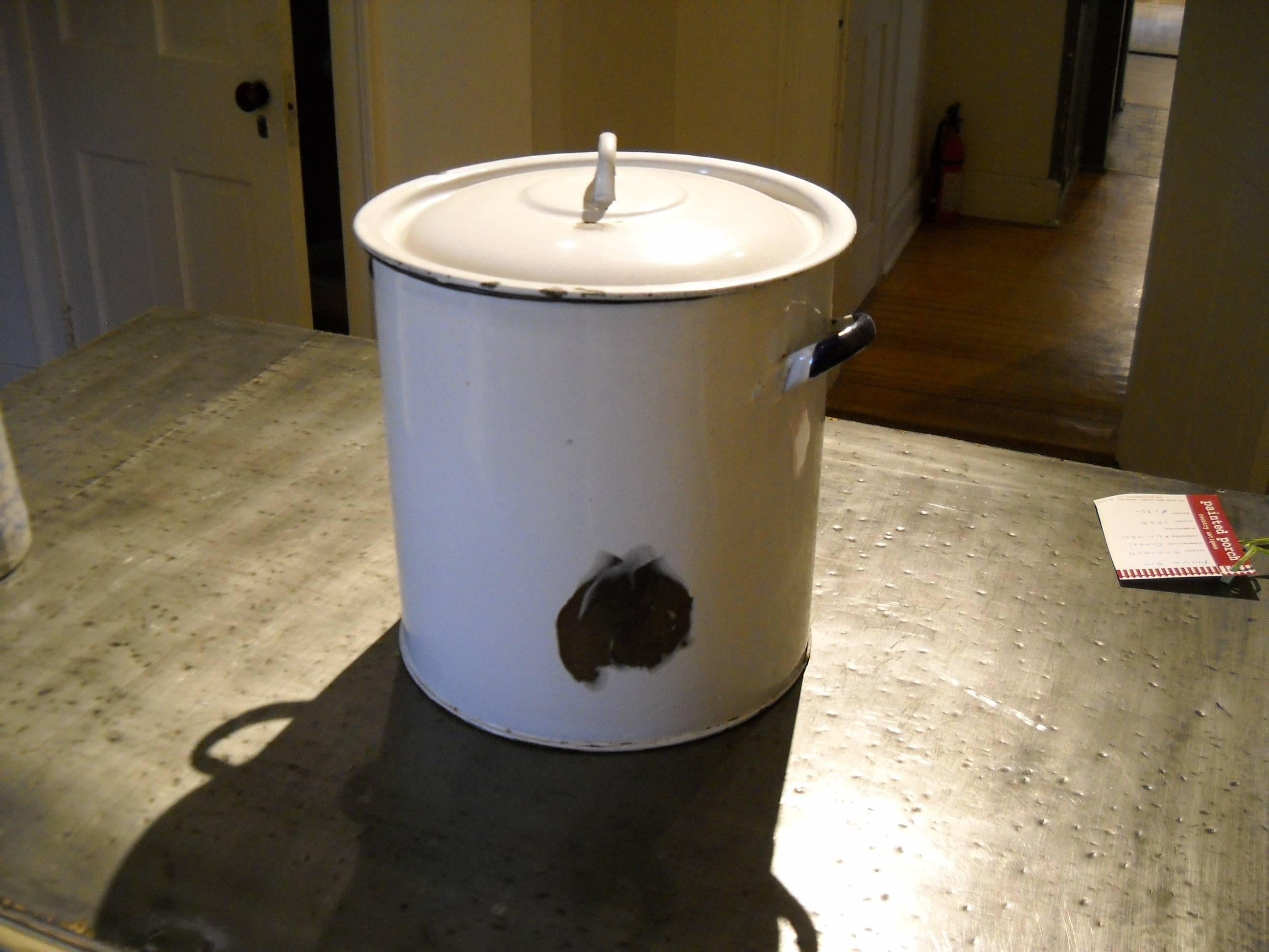 This came from a country kitchen in the United Kingdom and was used to store flower. It can be useful today for bread etc or used for dried flowers for display. This is a very nice white piece, trimmed in navy blue paint and original lid.