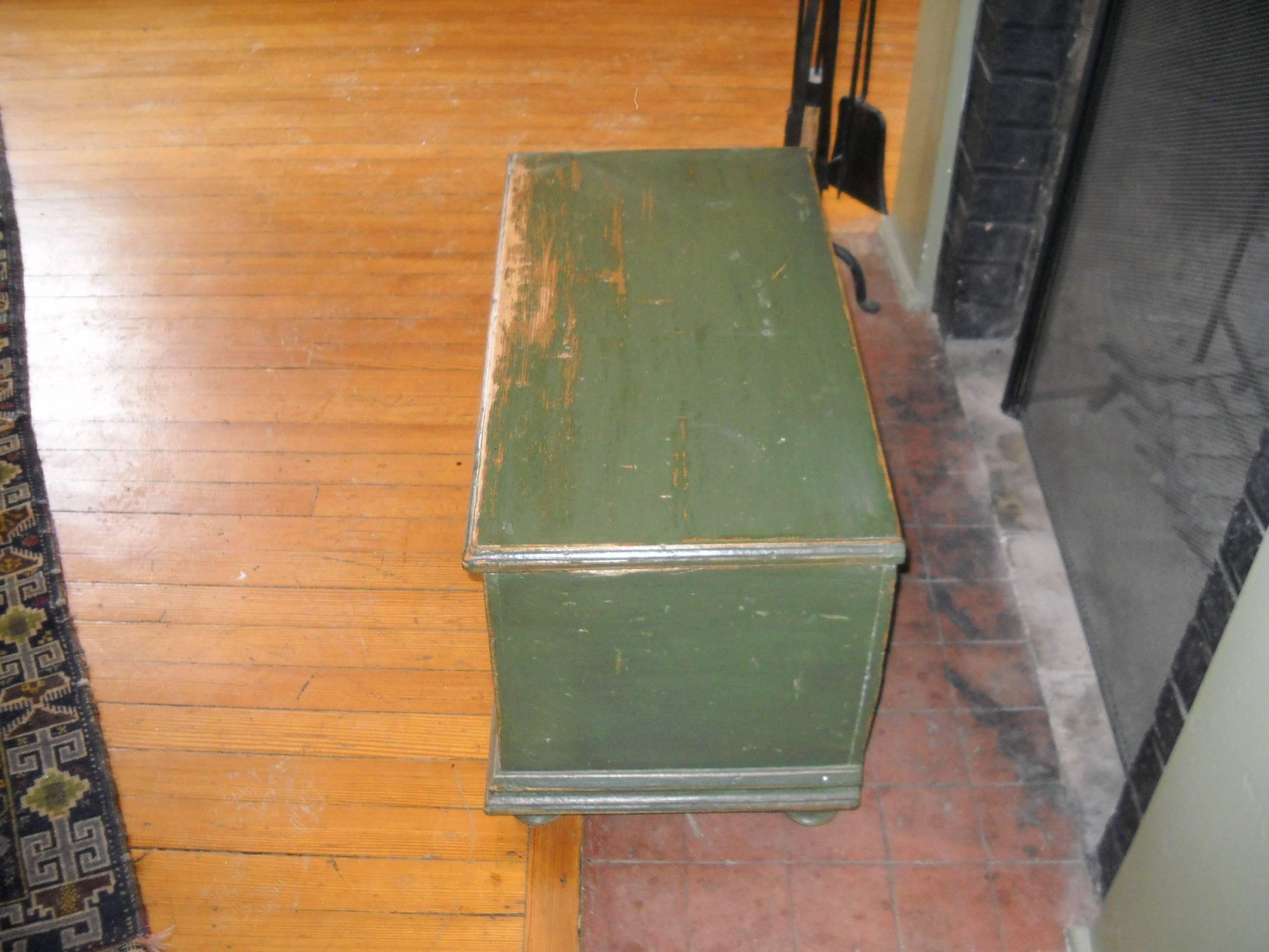 We found this soft rich green small blanket chest that could be used as a foot stool or under a window. there is plenty of room for storage. This is a very sweet piece.
