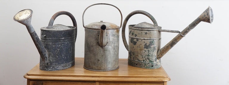 We love watering cans at painted porch. Particularly ones with a long spout. Each is very graceful and all are a bit different. We see these as display pieces in your country home. All are done in metal and have a wonderful wear to them. Choose your