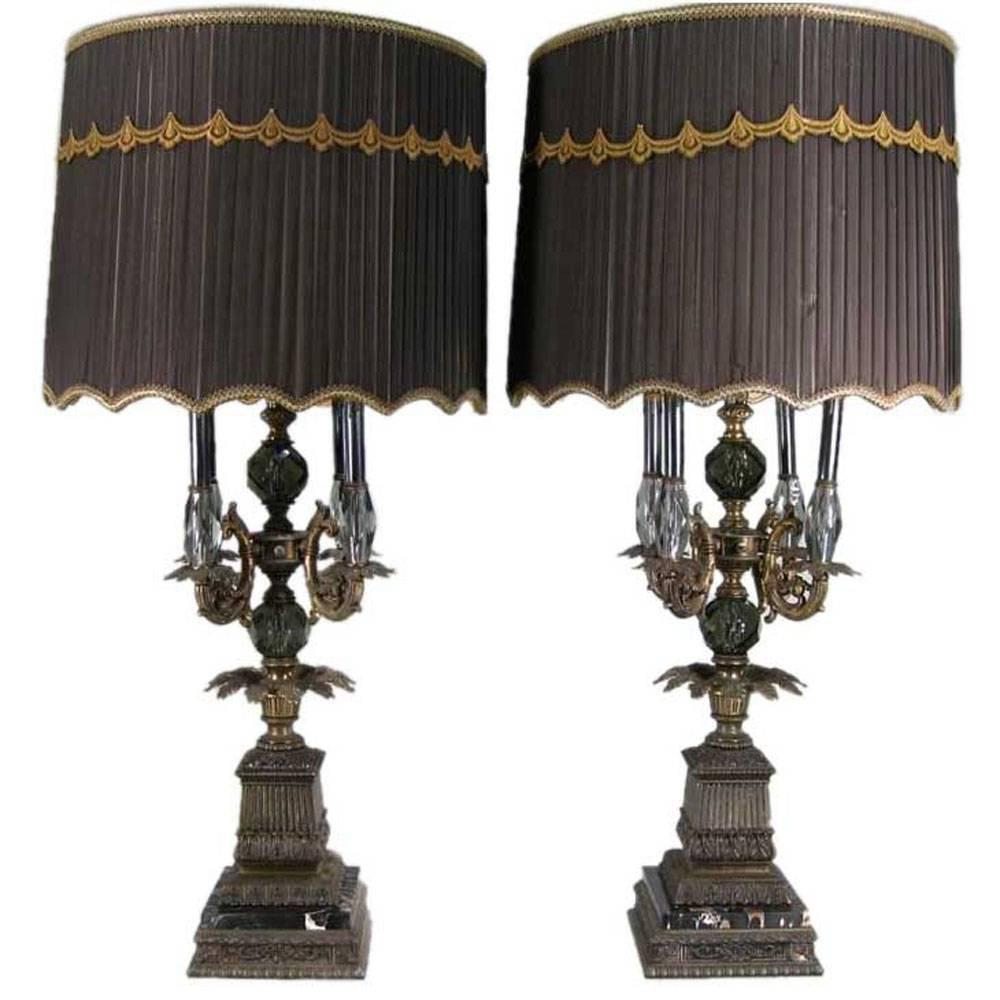 Pair of Large Glass and Metal Lamps on Marble Bases