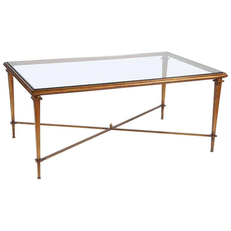 Neoclassical Style Metal Coffee Table with Glass Top For Sale