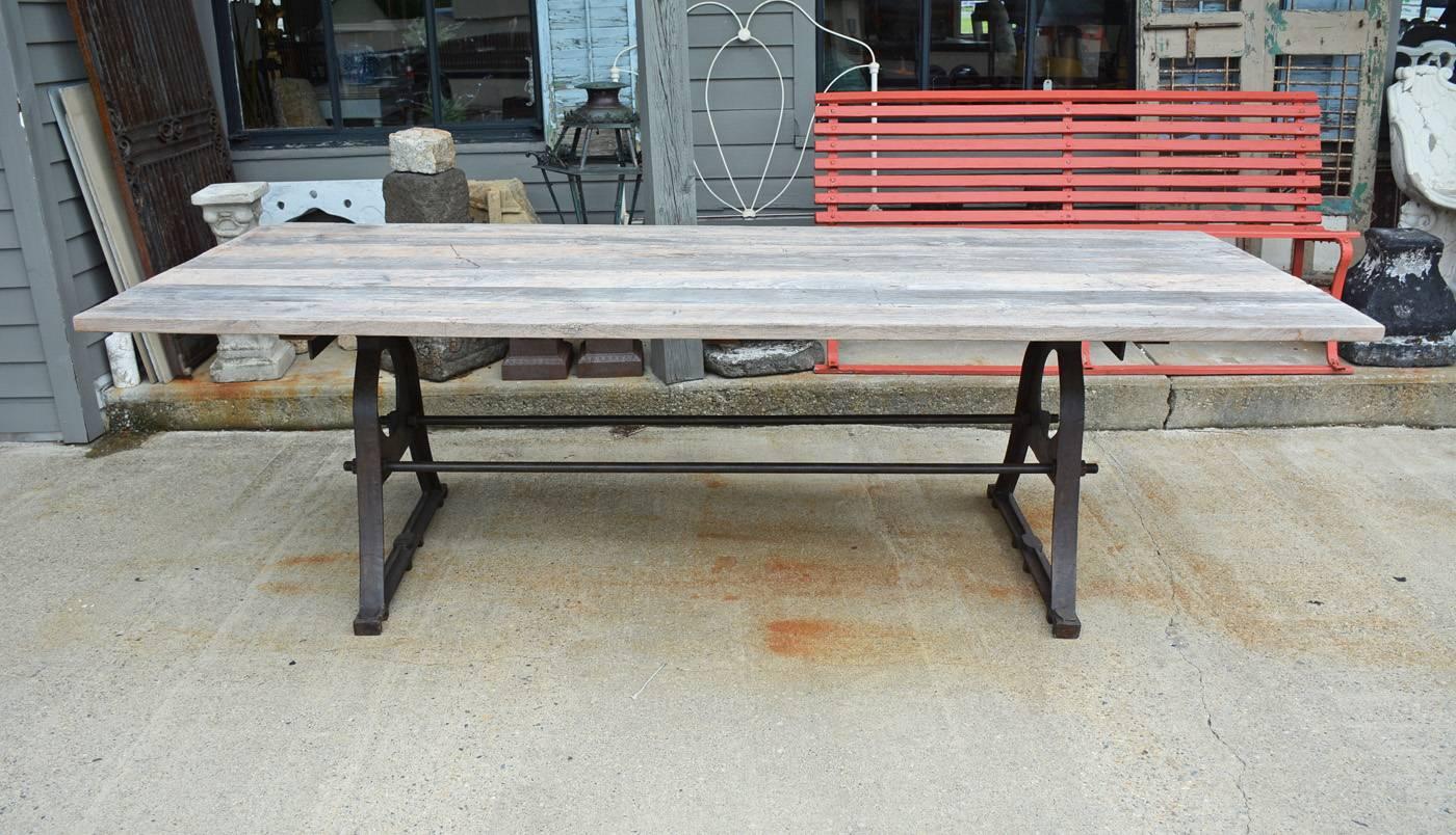 Indoor or outdoor metal trestle base and teak wood top dining table. Top and base can be sold separately. Teak tabletop made from aged distressed wood.
Great for use as patio or garden dining table.

Measure: Top 8'5" x 39.5" x 1.25"