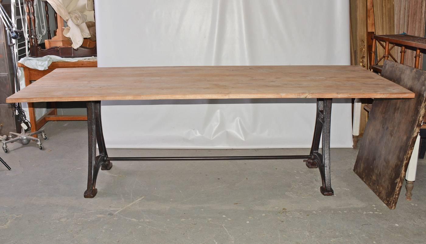 Rustic French Industrial cast iron teak wood top dining, worktable, kitchen dining table, harvest table.
Teak tabletop can be used for indoor or outdoor garden dining.  $2500 Base/$2900 Top
Top and base can be sold separately.
Please note that the