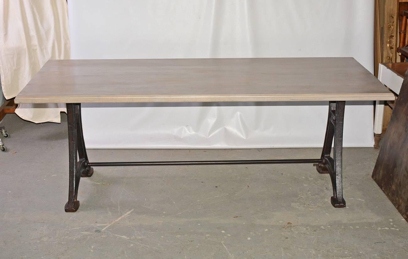 Customizable finishes, types of wood and sizes.
Rustic French Industrial cast iron painted top dining, kitchen table, or harvest table.
Top and base can be sold separately.  Teak top as shown $2500, table base as shown $2400.  We can provide other