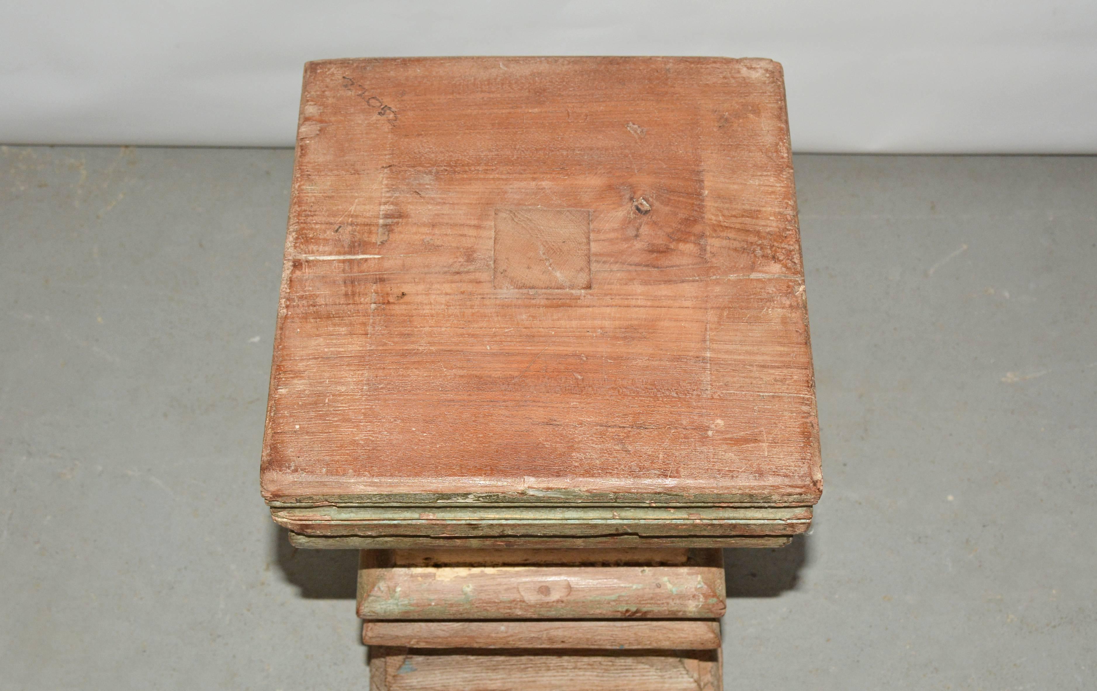 Indian Antique Rustic Carved Wood Side Table