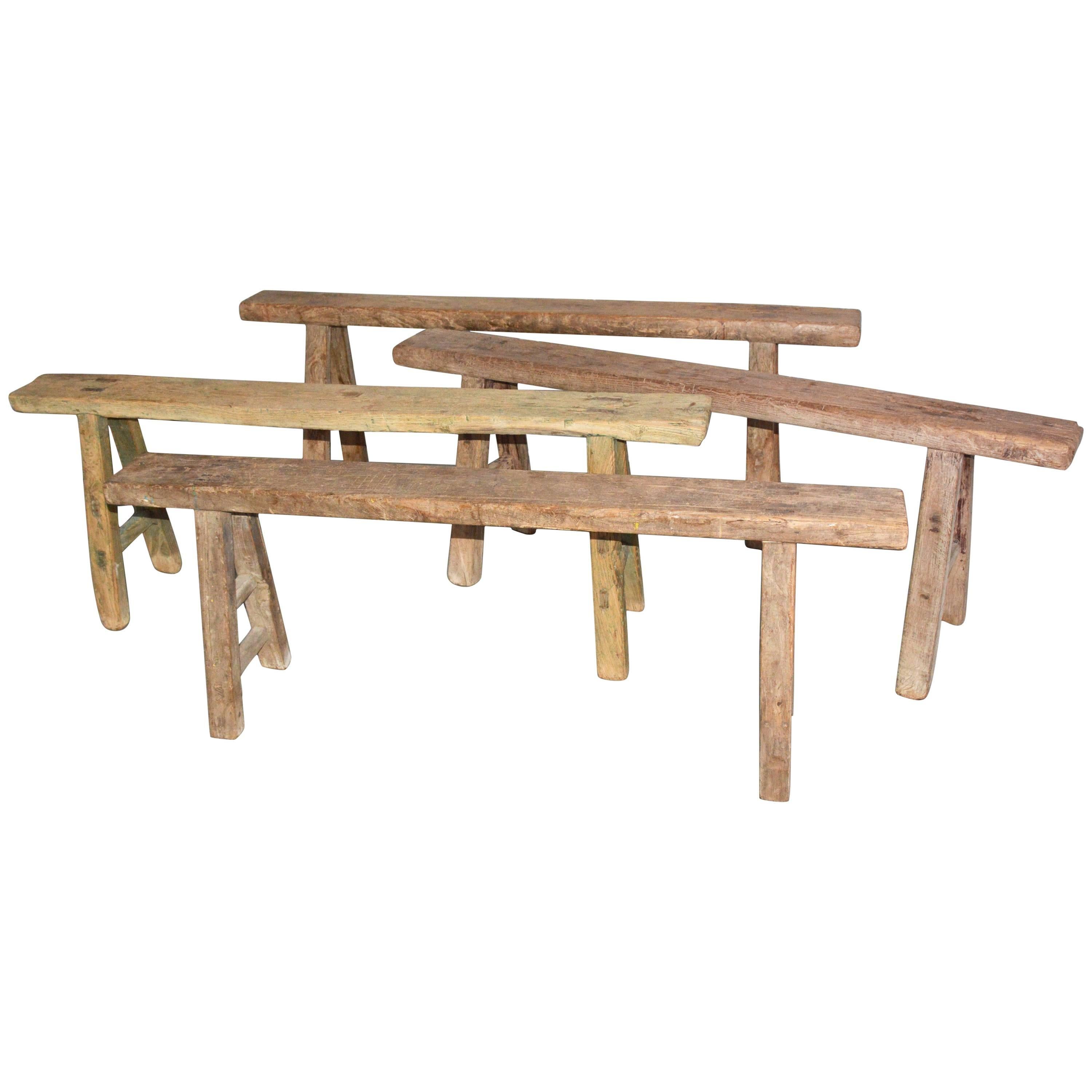 Four Rustic Antique Asian Teak Benches Sold Singly