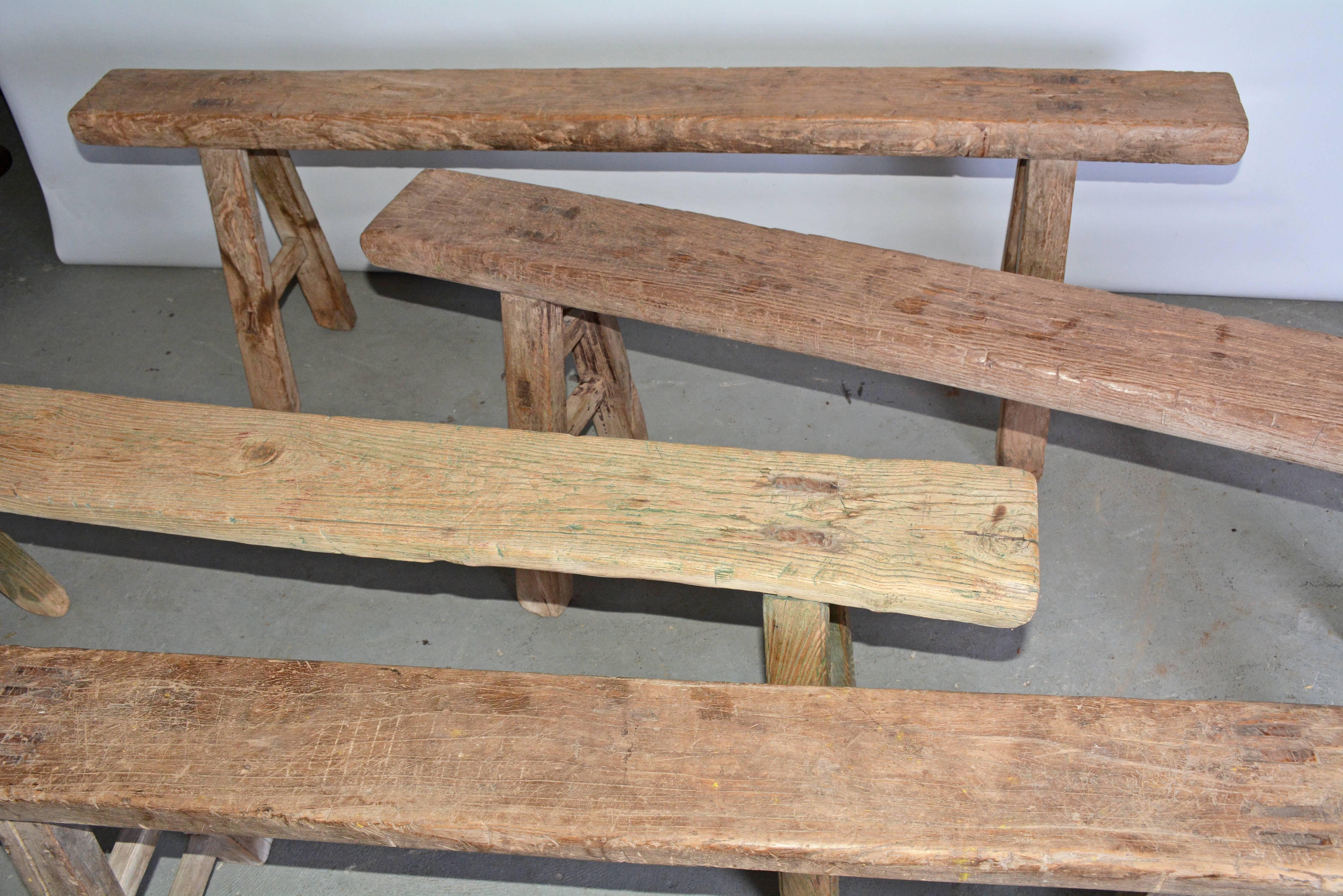 Chinese Four Rustic Antique Asian Teak Benches Sold Singly
